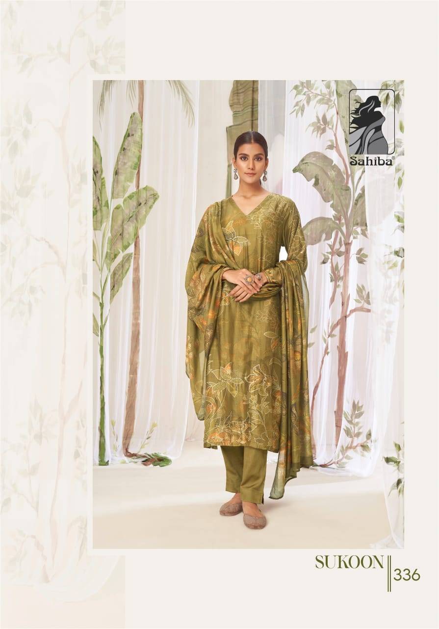 Sukoon By Sahiba Fabrics Beautiful Festive Suits Colorful Stylish Fancy Casual Wear & Ethnic Wear Muslin Silk Dresses At Wholesale Price