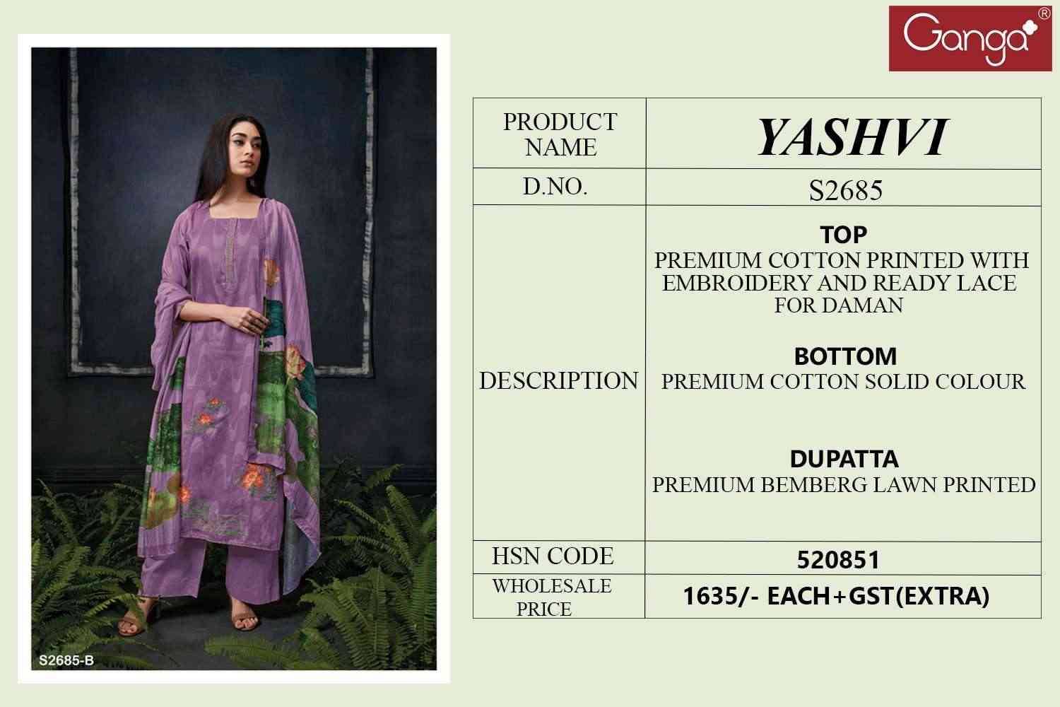 Yashvi-2685 By Ganga Fashion 2685-A To 2685-D Series Beautiful Festive Suits Colorful Stylish Fancy Casual Wear & Ethnic Wear Premium Cotton Dresses At Wholesale Price