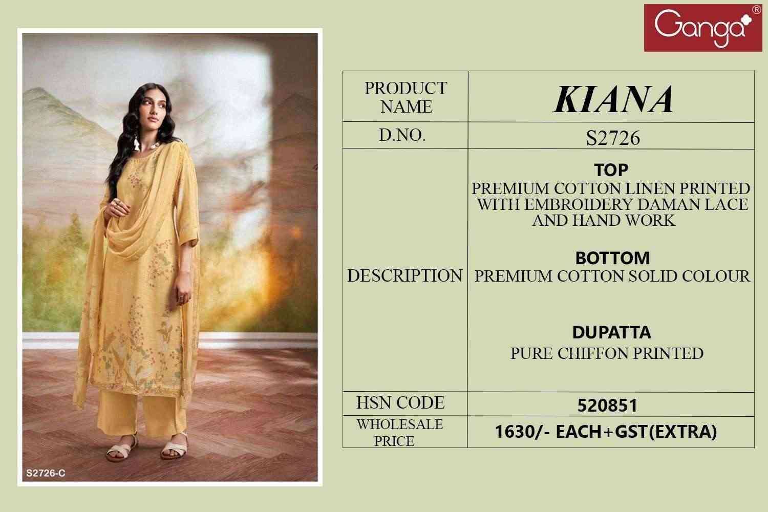 Kiana-2726 By Ganga Fashion 2726-A To 2726-D Series Beautiful Festive Suits Colorful Stylish Fancy Casual Wear & Ethnic Wear Premium Cotton Linen Dresses At Wholesale Price