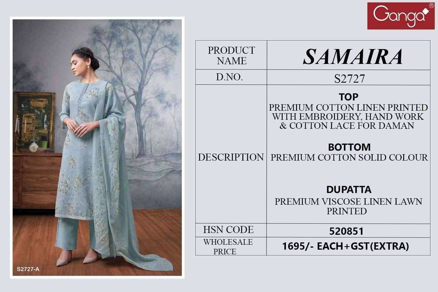 Samaira-2727 By Ganga Fashion 2727-A To 2727-D Series Beautiful Festive Suits Colorful Stylish Fancy Casual Wear & Ethnic Wear Premium Cotton Linen Dresses At Wholesale Price