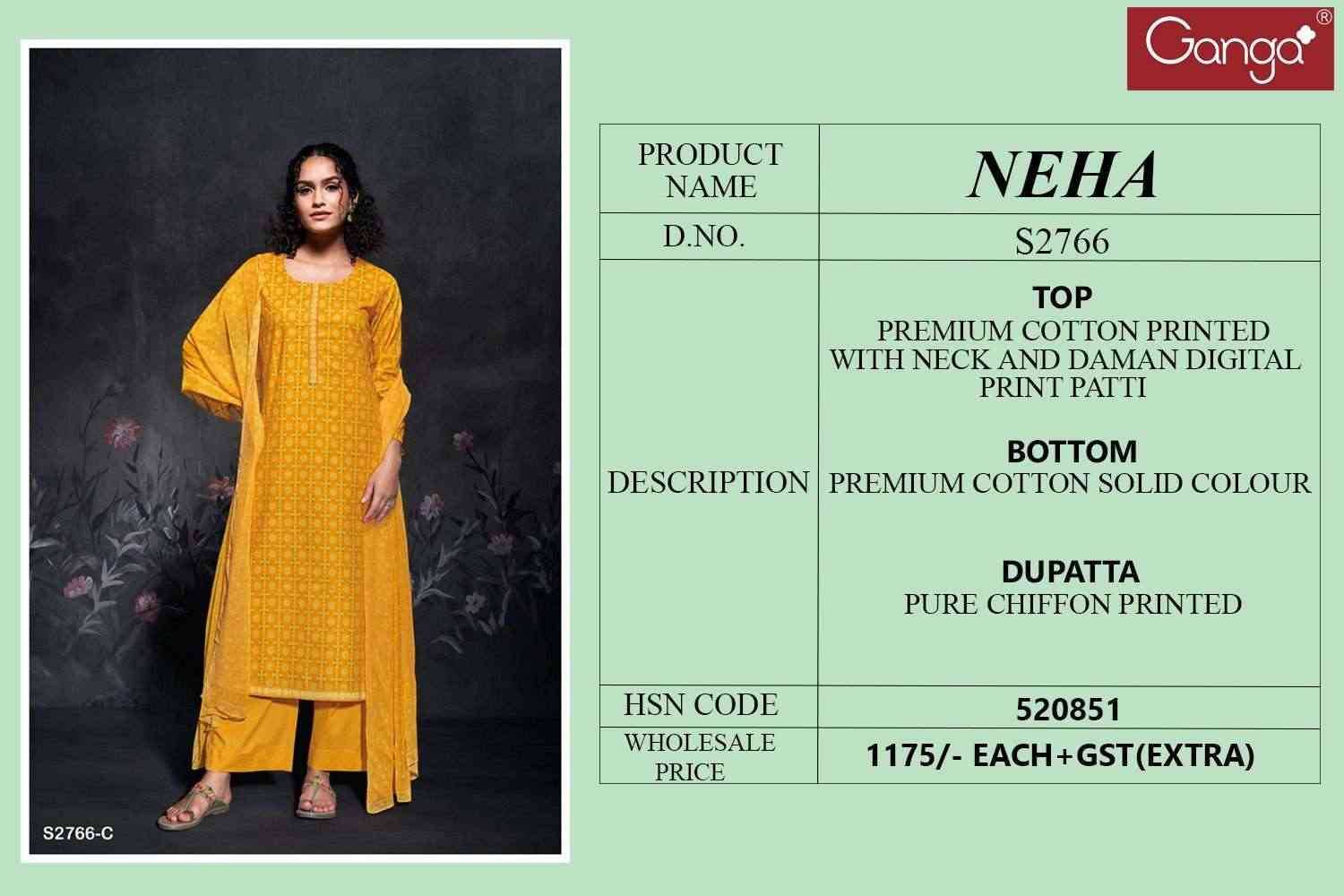 Neha-2766 By Ganga Fashion 2766-A To 2766-D Series Beautiful Festive Suits Colorful Stylish Fancy Casual Wear & Ethnic Wear Premium Cotton Dresses At Wholesale Price