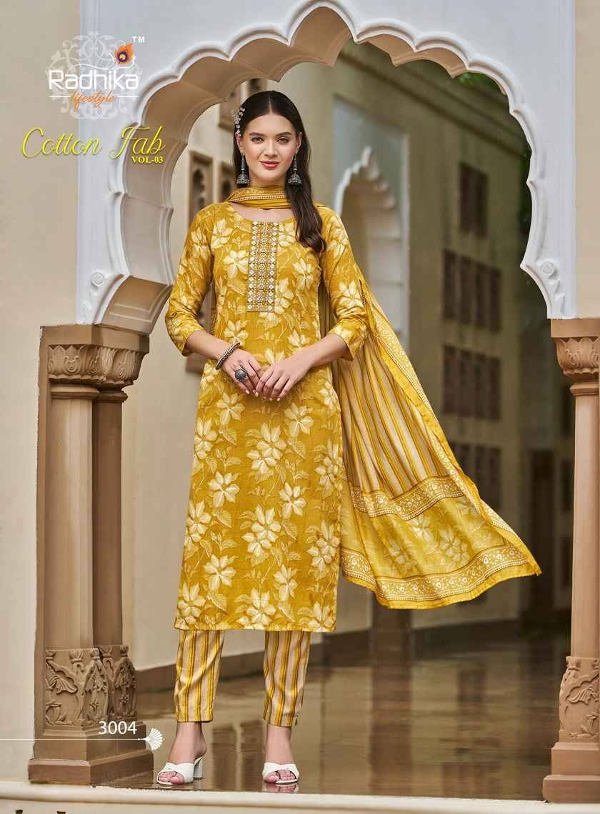 Cotton Fab Vol-3 By Radhika Lifestyle 3001 To 3007 Series Beautiful Stylish Fancy Colorful Casual Wear & Ethnic Wear Collection Pure Cotton Dresses At Wholesale Price