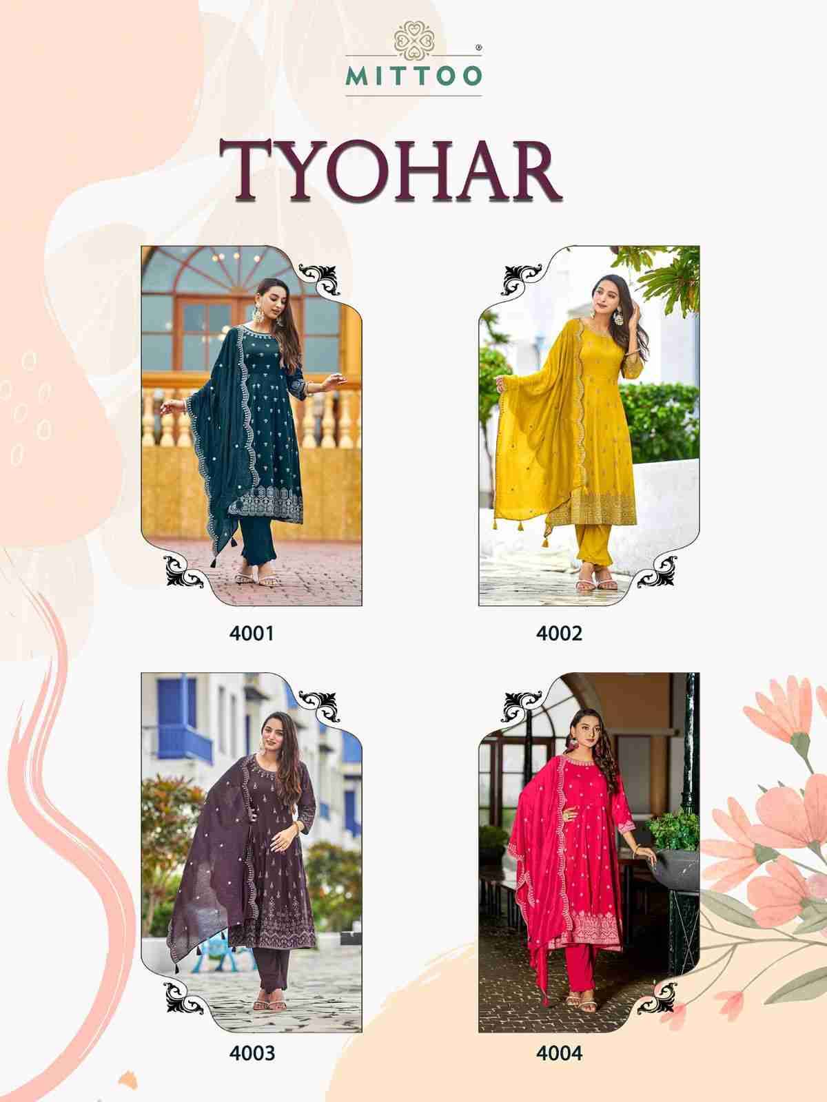 Tyohar By Mittoo 4001 To 4004 Series Beautiful Festive Suits Colorful Stylish Fancy Casual Wear & Ethnic Wear Rayon Print Dresses At Wholesale Price