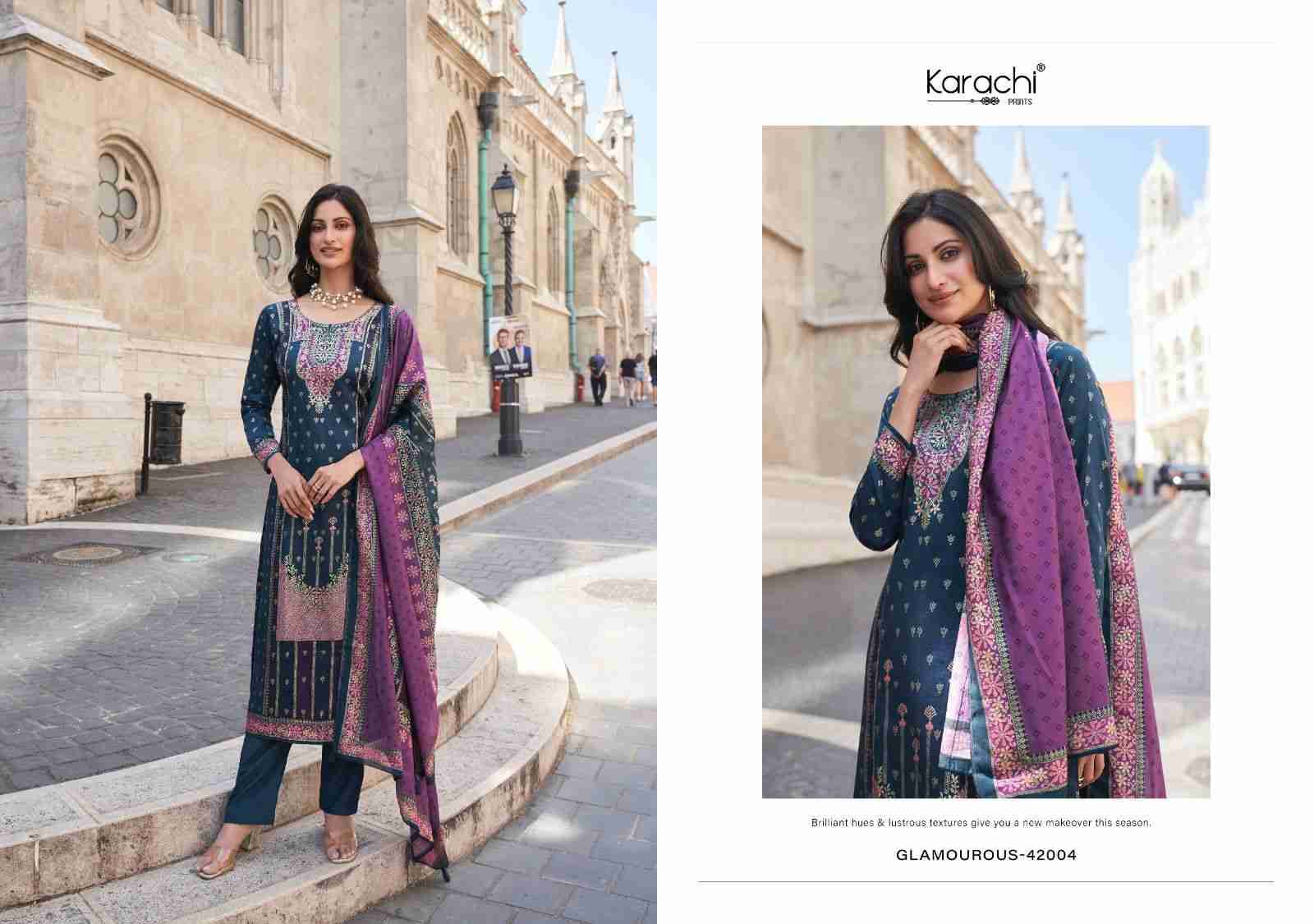 Glamourous By Karachi Prints 42001 To 42004 Series Beautiful Festive Suits Colorful Stylish Fancy Casual Wear & Ethnic Wear Pure Jam Satin Print With Work Dresses At Wholesale Price