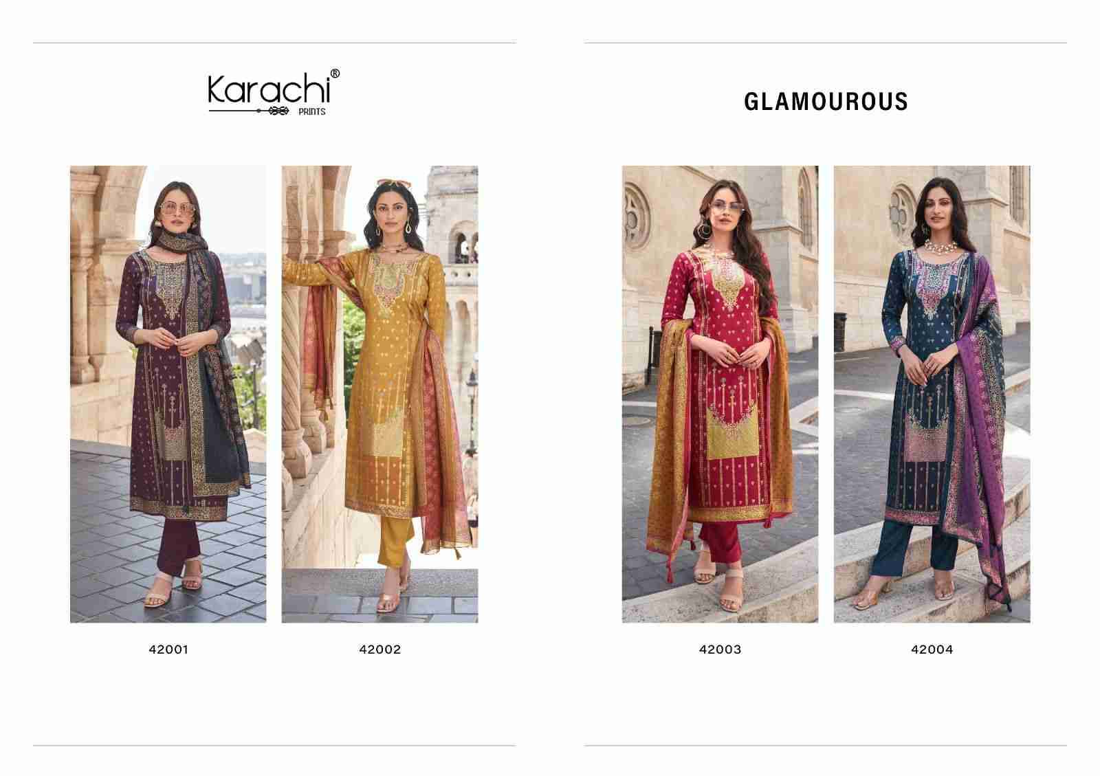 Glamourous By Karachi Prints 42001 To 42004 Series Beautiful Festive Suits Colorful Stylish Fancy Casual Wear & Ethnic Wear Pure Jam Satin Print With Work Dresses At Wholesale Price