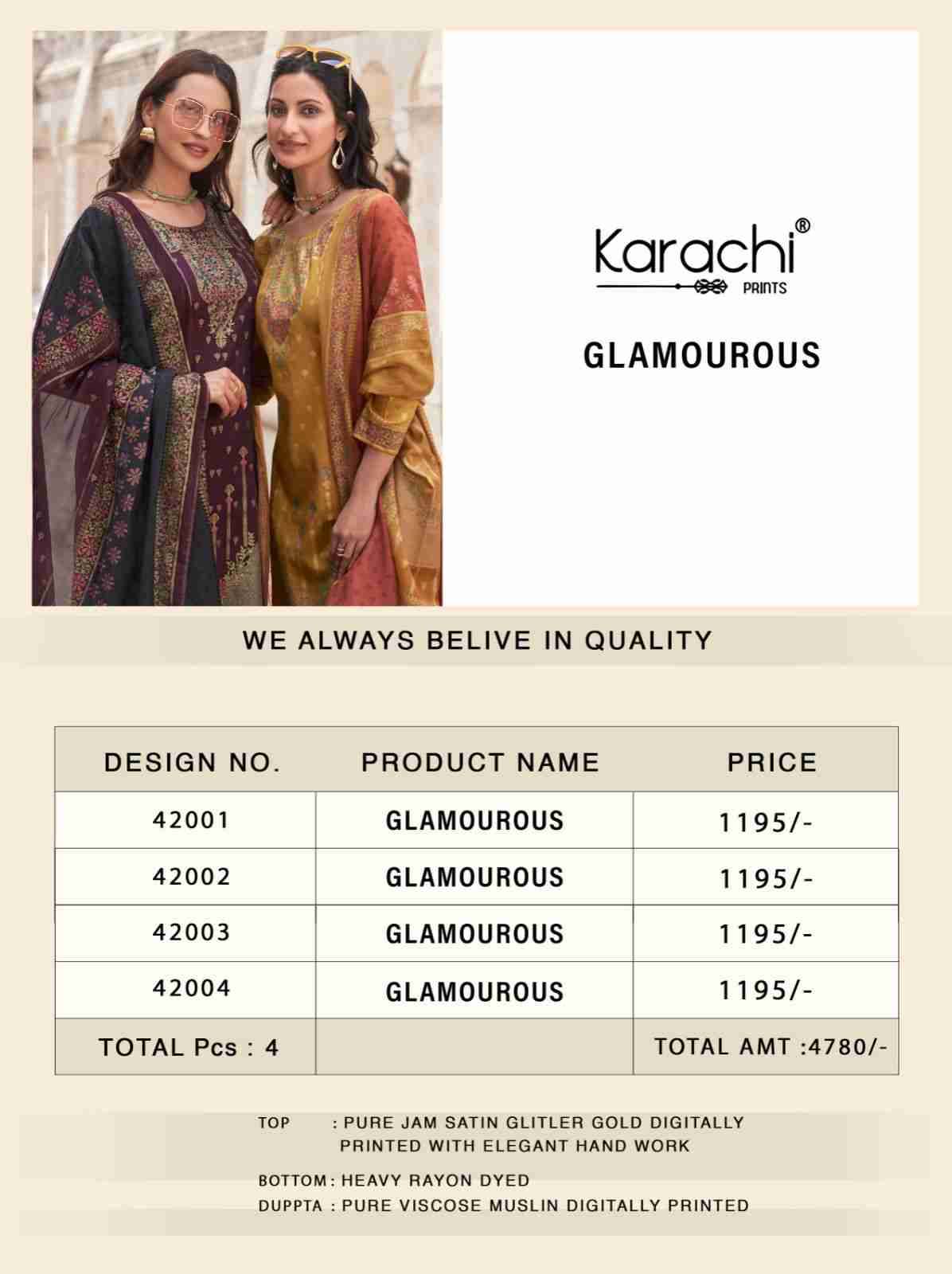 Glamourous By Karachi Prints 42001 To 42004 Series Beautiful Festive Suits Colorful Stylish Fancy Casual Wear & Ethnic Wear Pure Jam Satin Print With Work Dresses At Wholesale Price