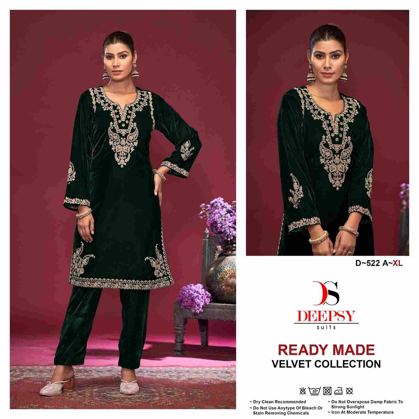 Deepsy Hit Design 522 Colours By Deepsy Suits 522-A To 522-D Series Designer Pakistani Suits Collection Beautiful Stylish Fancy Colorful Party Wear & Occasional Wear Velvet Kurtis With Bottom At Wholesale Price