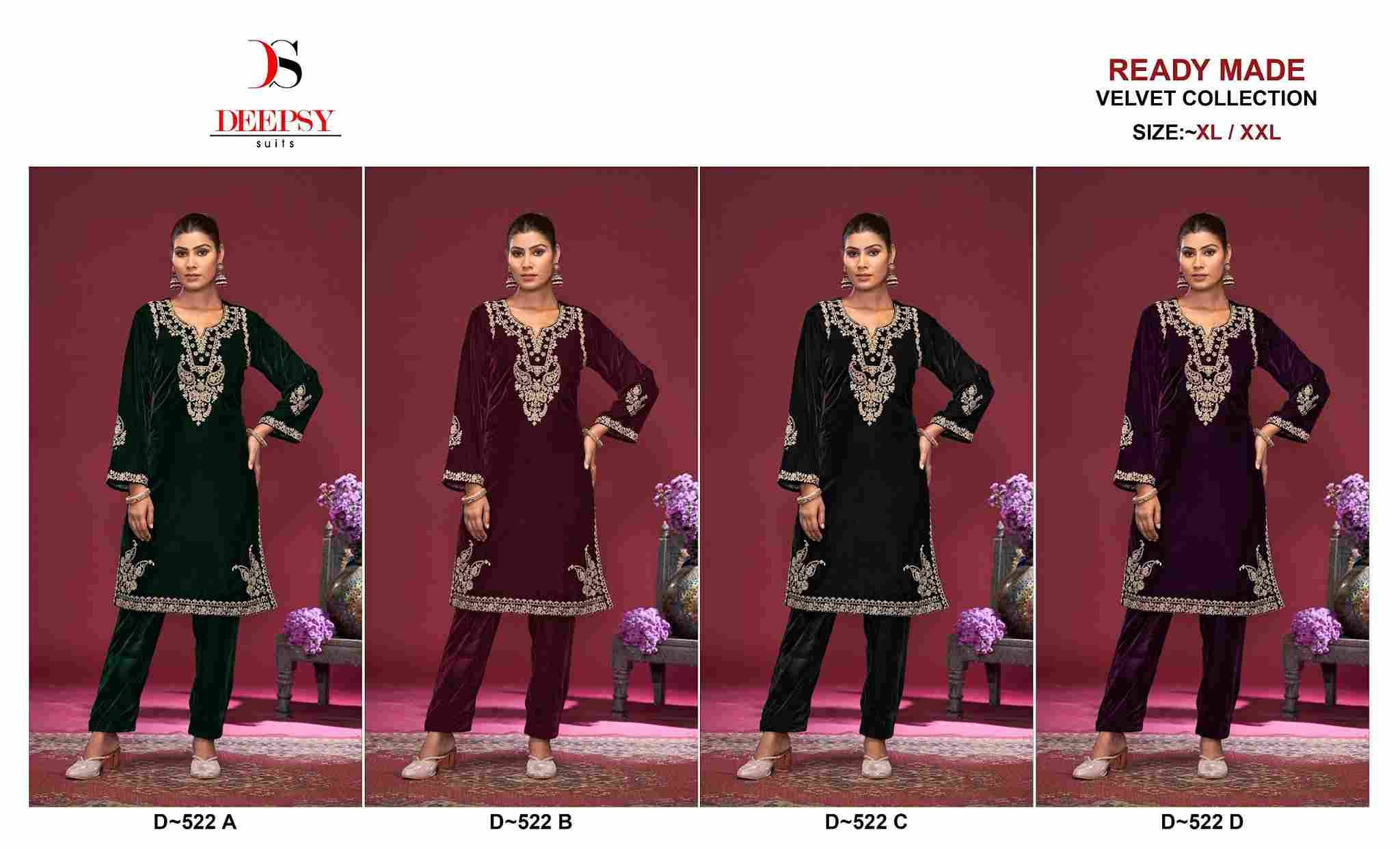 Deepsy Hit Design 522 Colours By Deepsy Suits 522-A To 522-D Series Designer Pakistani Suits Collection Beautiful Stylish Fancy Colorful Party Wear & Occasional Wear Velvet Kurtis With Bottom At Wholesale Price