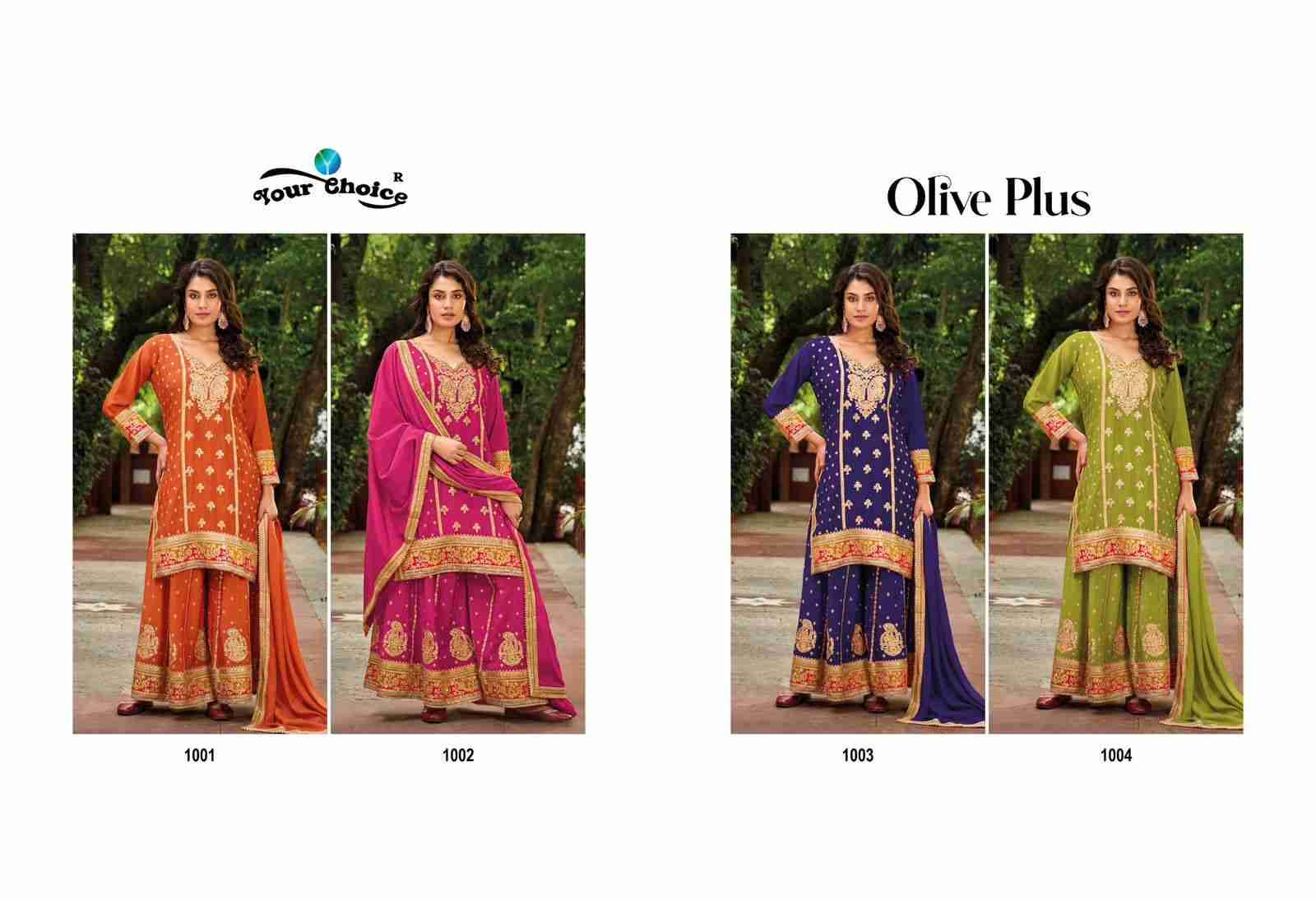 Olive Plus By Your Choice 1001 To 1004 Series Beautiful Sharara Suits Colorful Stylish Fancy Casual Wear & Ethnic Wear Pure Chinnon Dresses At Wholesale Price