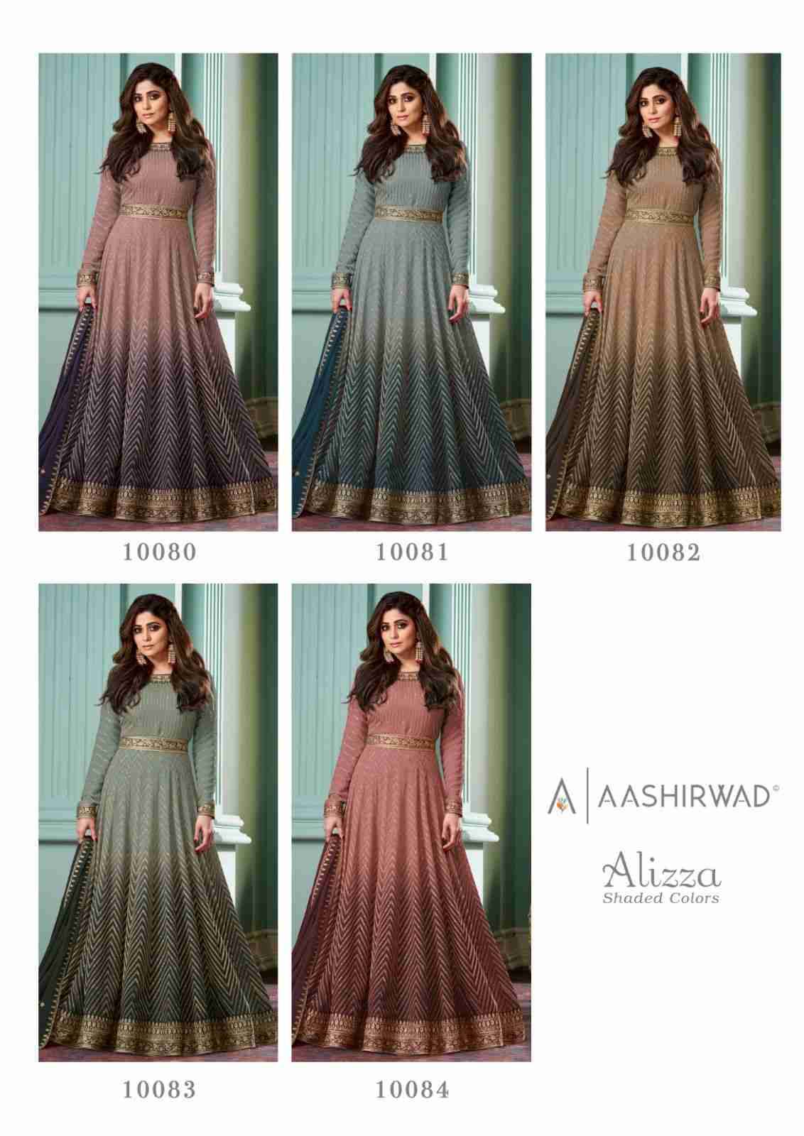 Alizza Shaded Colors By Aashirwad Creation 10080 To 10084 Series Beautiful Stylish Fancy Colorful Casual Wear & Ethnic Wear Georgette Gowns With Dupatta At Wholesale Price