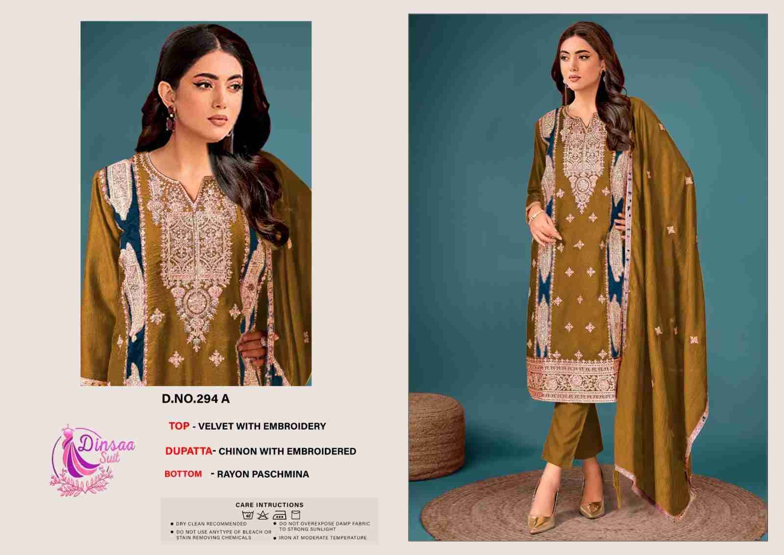 Dinsaa Hit Design 294 Colours By Dinssa Suits 294-A To 294-C Series Pakistani Suits Beautiful Fancy Colorful Stylish Party Wear & Occasional Wear Pure Velvet Embroidery Dresses At Wholesale Price