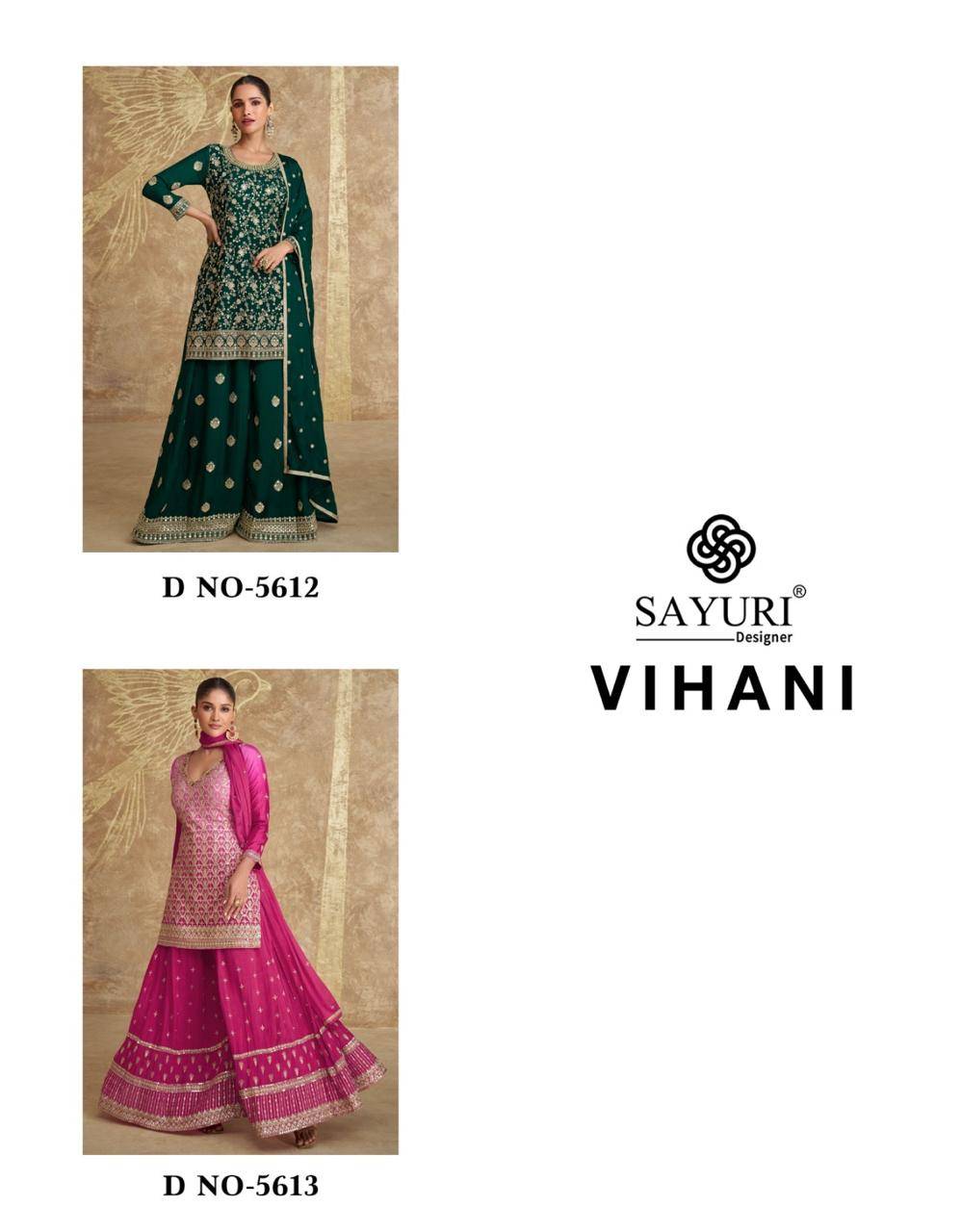 Vihani By Sayuri 5612 To 5613 Series Beautiful Sharara Suits Colorful Stylish Fancy Casual Wear & Ethnic Wear Pure Chinnon Silk Dresses At Wholesale Price