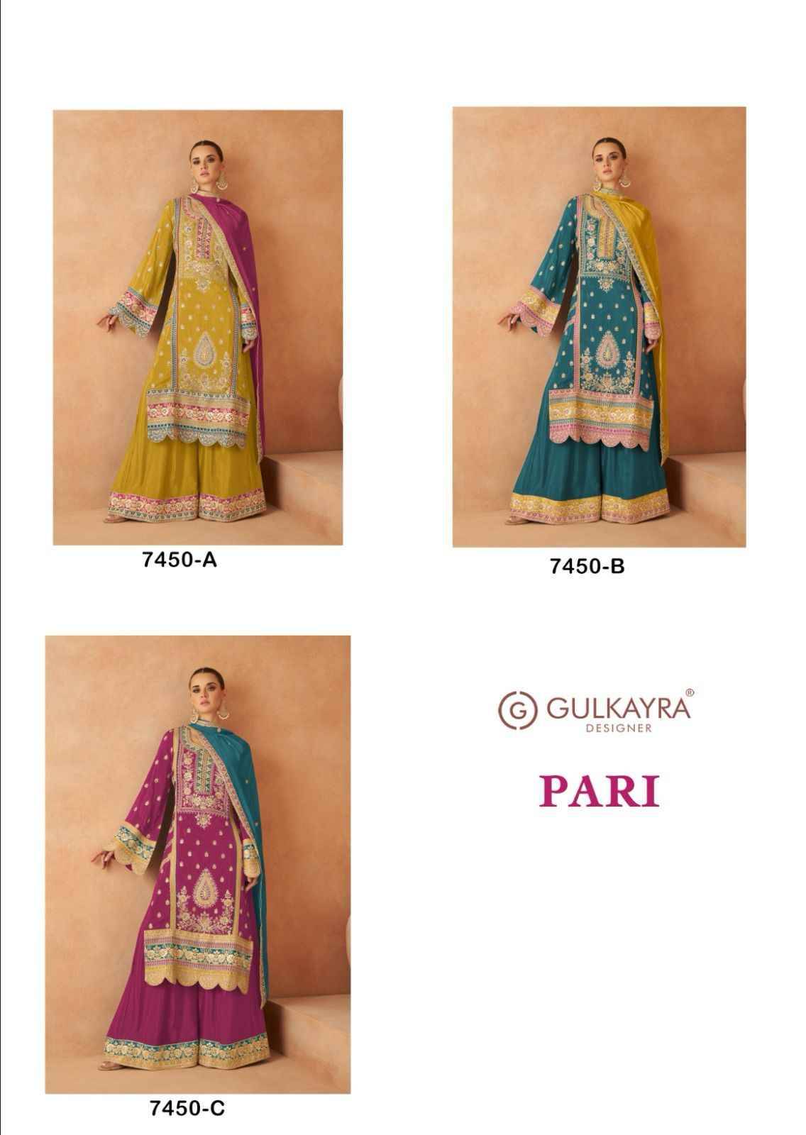 Pari By Gulkayra Designer 7450-A To 7450-C Series Beautiful Sharara Suits Colorful Stylish Fancy Casual Wear & Ethnic Wear Pure Chinnon Dresses At Wholesale Price