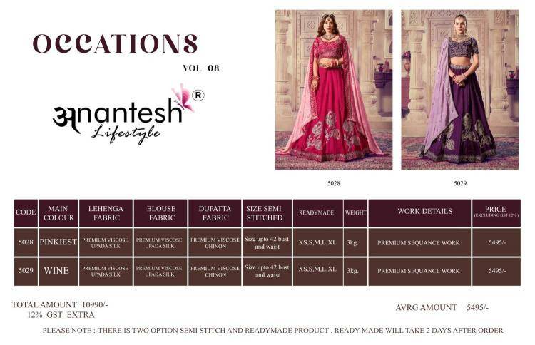 Occations Vol-8 By Anantesh Lifestyle 5028 To 5029 Series Bridal Wear Collection Beautiful Stylish Colorful Fancy Party Wear & Occasional Wear Viscose Silk Lehengas At Wholesale Price