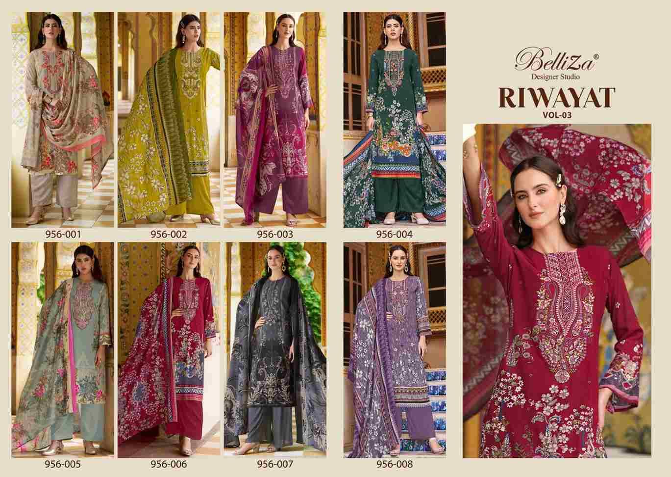 Riwayat Vol-3 By Belliza 956-001 To 956-008 Series Beautiful Festive Suits Stylish Fancy Colorful Casual Wear & Ethnic Wear Pure Viscose Rayon Print Dresses At Wholesale Price