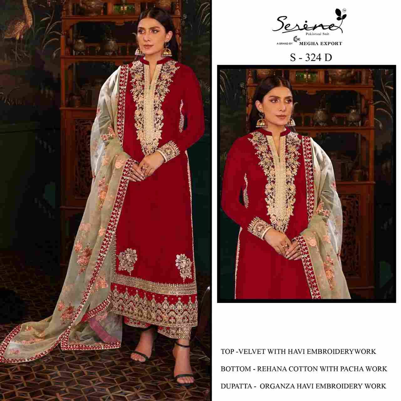 Serene Hit Design S-324 Colours By Serene S-324-A To S-324-D Series Designer Pakistani Suits Beautiful Fancy Colorful Stylish Party Wear & Occasional Wear Velvet Embroidered Dresses At Wholesale Price