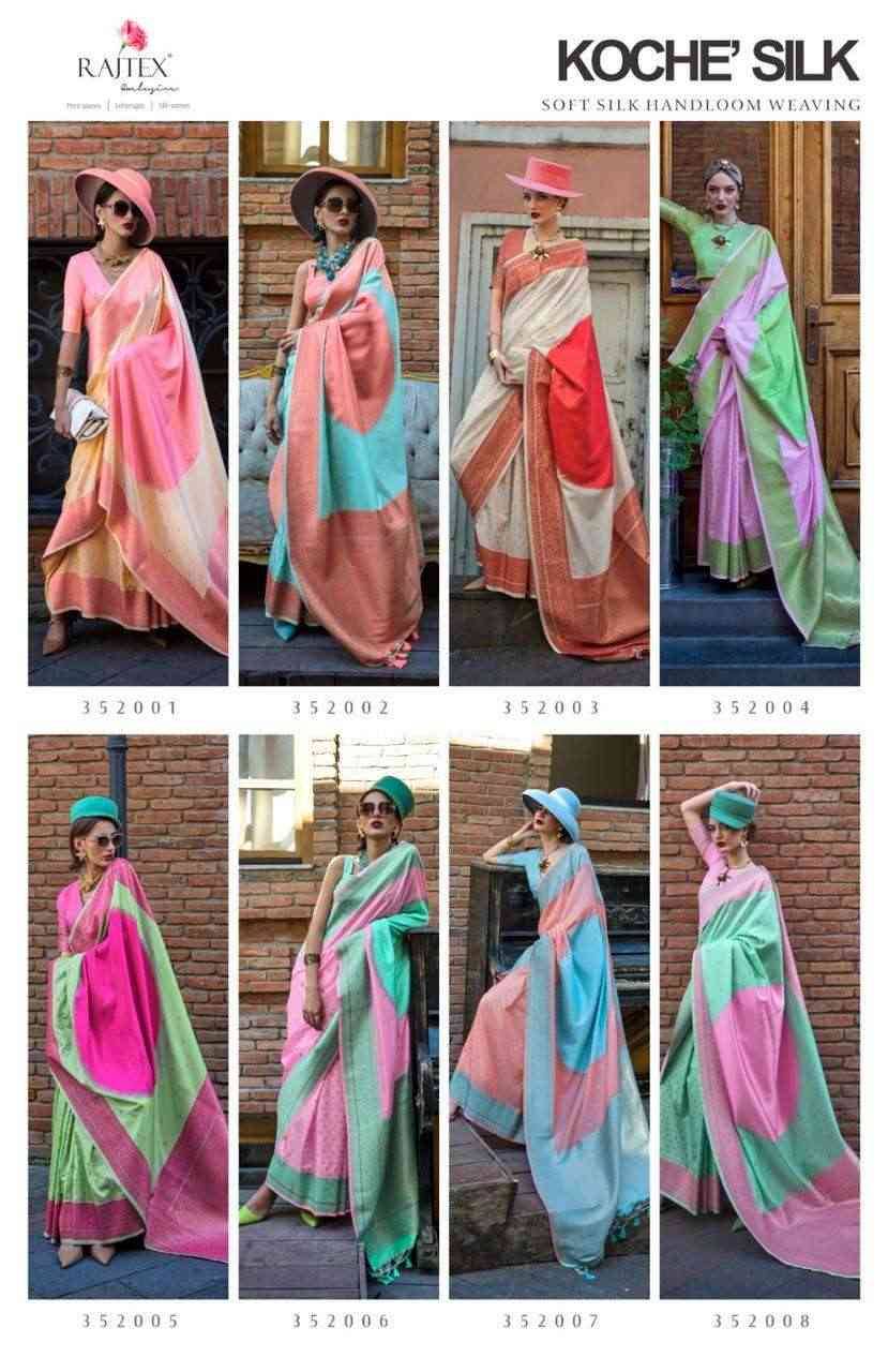 Koche Silk By Raj Tex 352001 To 352008 Series Indian Traditional Wear Collection Beautiful Stylish Fancy Colorful Party Wear & Occasional Wear Handloom Silk Sarees At Wholesale Price