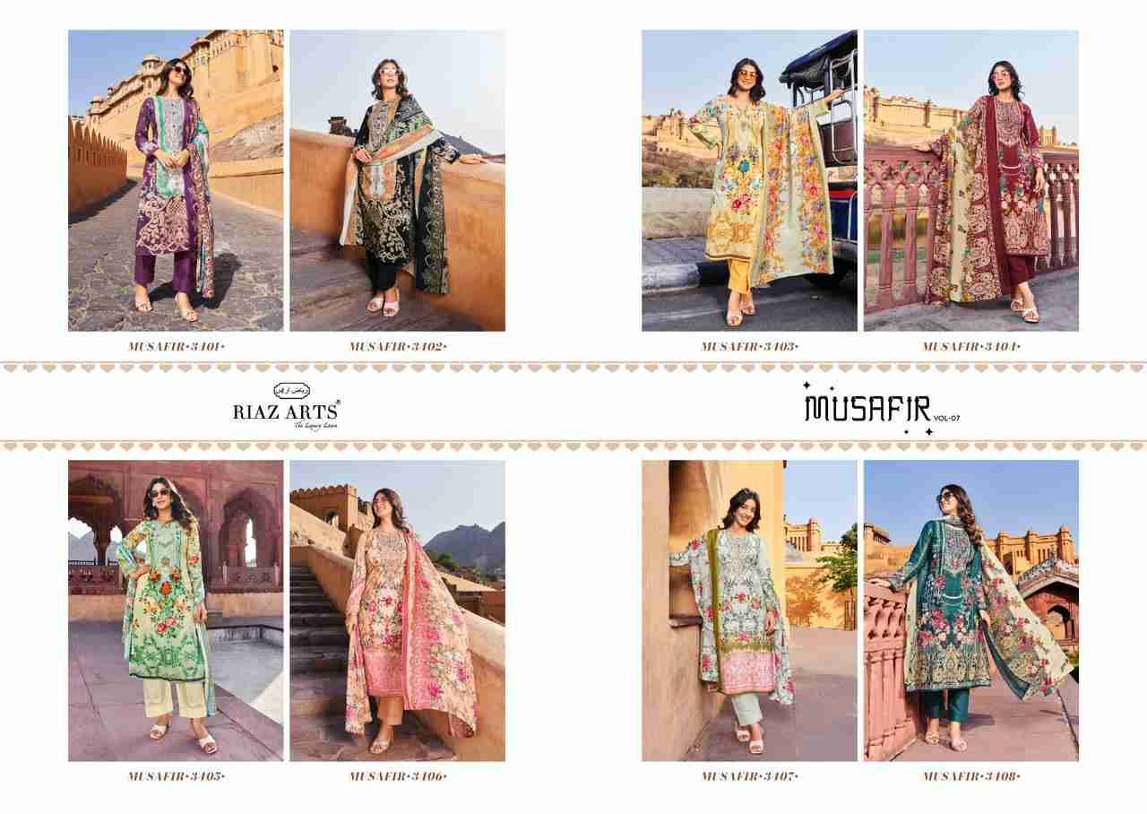 Musafir Vol-7 By Riaz Arts 3401 To 3408 Series Wholesale Designer Pakistani Suits Collection Beautiful Stylish Fancy Colorful Party Wear & Occasional Wear Pure Lawn Print With Embroidered Dresses At Wholesale Price