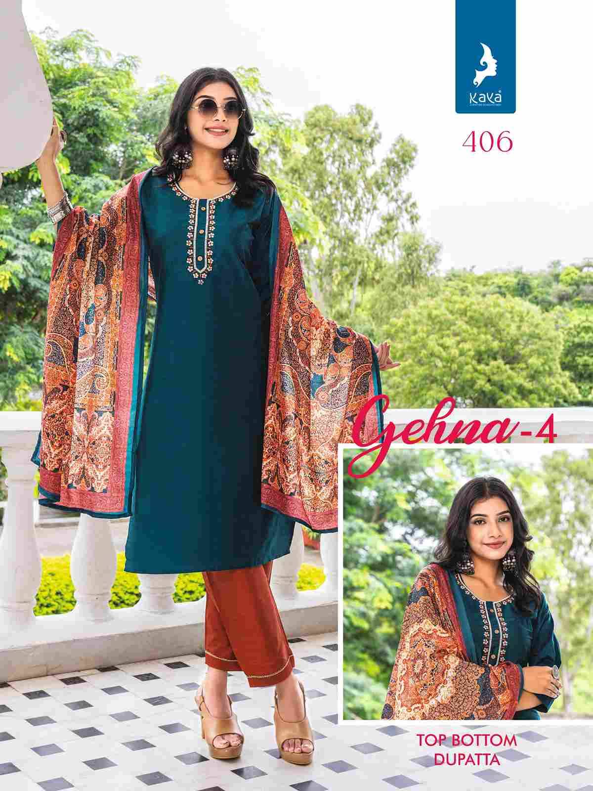 Gehna Vol-4 By Kaya 401 To 408 Series Designer Festive Suits Collection Beautiful Stylish Fancy Colorful Party Wear & Occasional Wear Pure Silk Embroidered Dresses At Wholesale Price