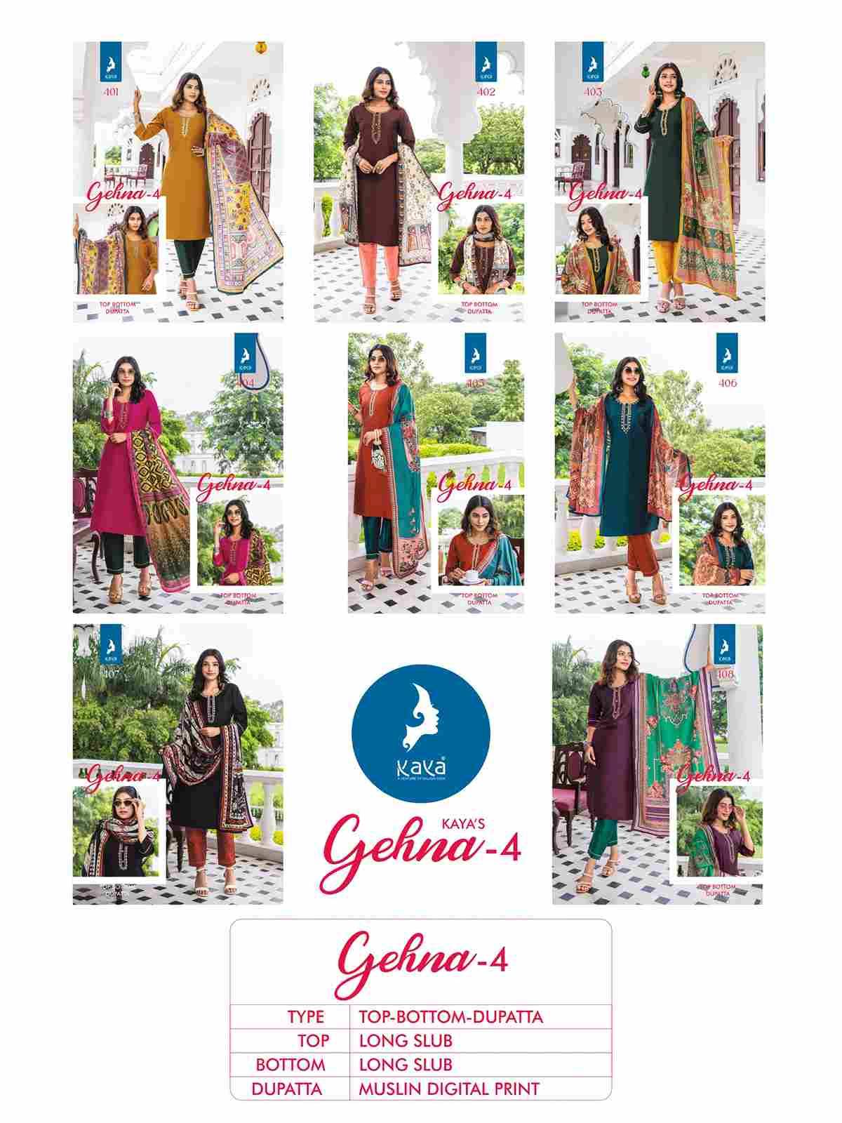 Gehna Vol-4 By Kaya 401 To 408 Series Designer Festive Suits Collection Beautiful Stylish Fancy Colorful Party Wear & Occasional Wear Pure Silk Embroidered Dresses At Wholesale Price