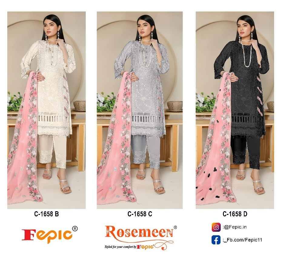 Fepic 1658 Colours By Fepic 1658-B To 1658-D Series Beautiful Pakistani Suits Colorful Stylish Fancy Casual Wear & Ethnic Wear Pure Georgette Embroidered Dresses At Wholesale Price