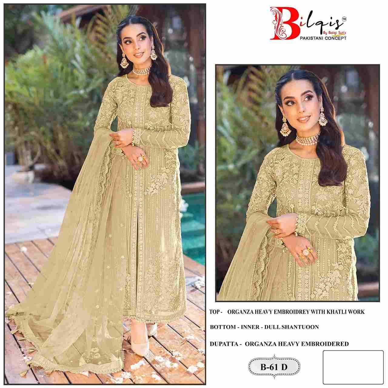 Bilqis 61 Colours By Bilqis 61-A To 61-D Series Beautiful Pakistani Suits Stylish Fancy Colorful Party Wear & Occasional Wear Organza Embroidery Dresses At Wholesale Price