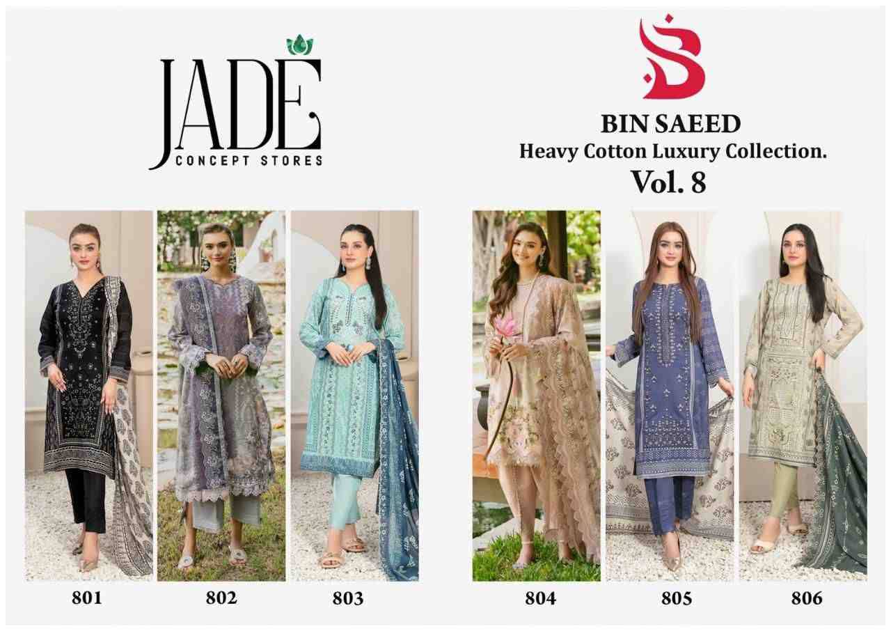 Bin Saeed Vol-8 By Jade 801 To 806 Series Beautiful Festive Suits Stylish Fancy Colorful Casual Wear & Ethnic Wear Pure Lawn Cotton Print Dresses At Wholesale Price