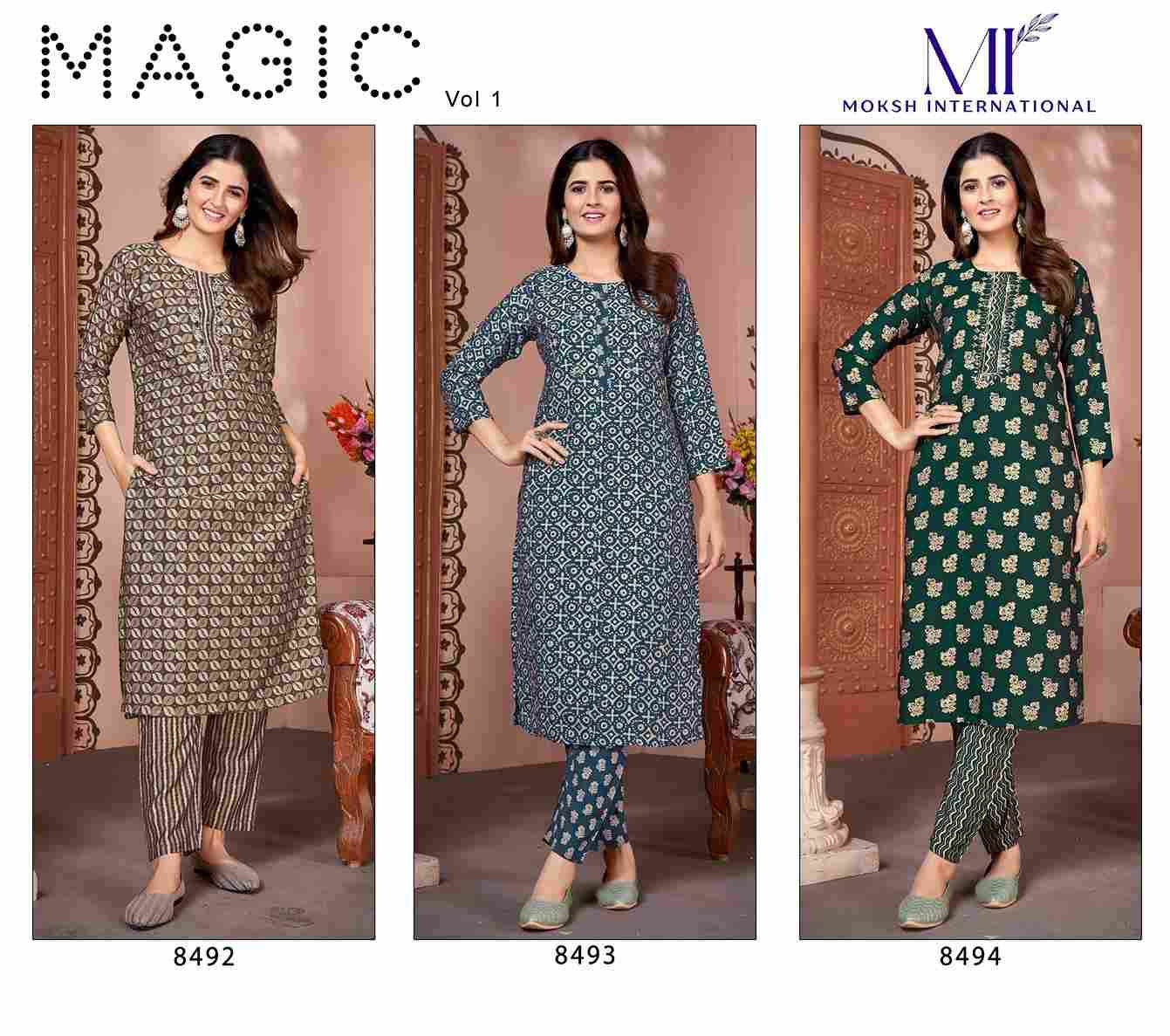 Magic Vol-1 By Moksh International 8492 To 8494 Series Designer Stylish Fancy Colorful Beautiful Party Wear & Ethnic Wear Collection Royal Silk Kurtis With Bottom At Wholesale Price