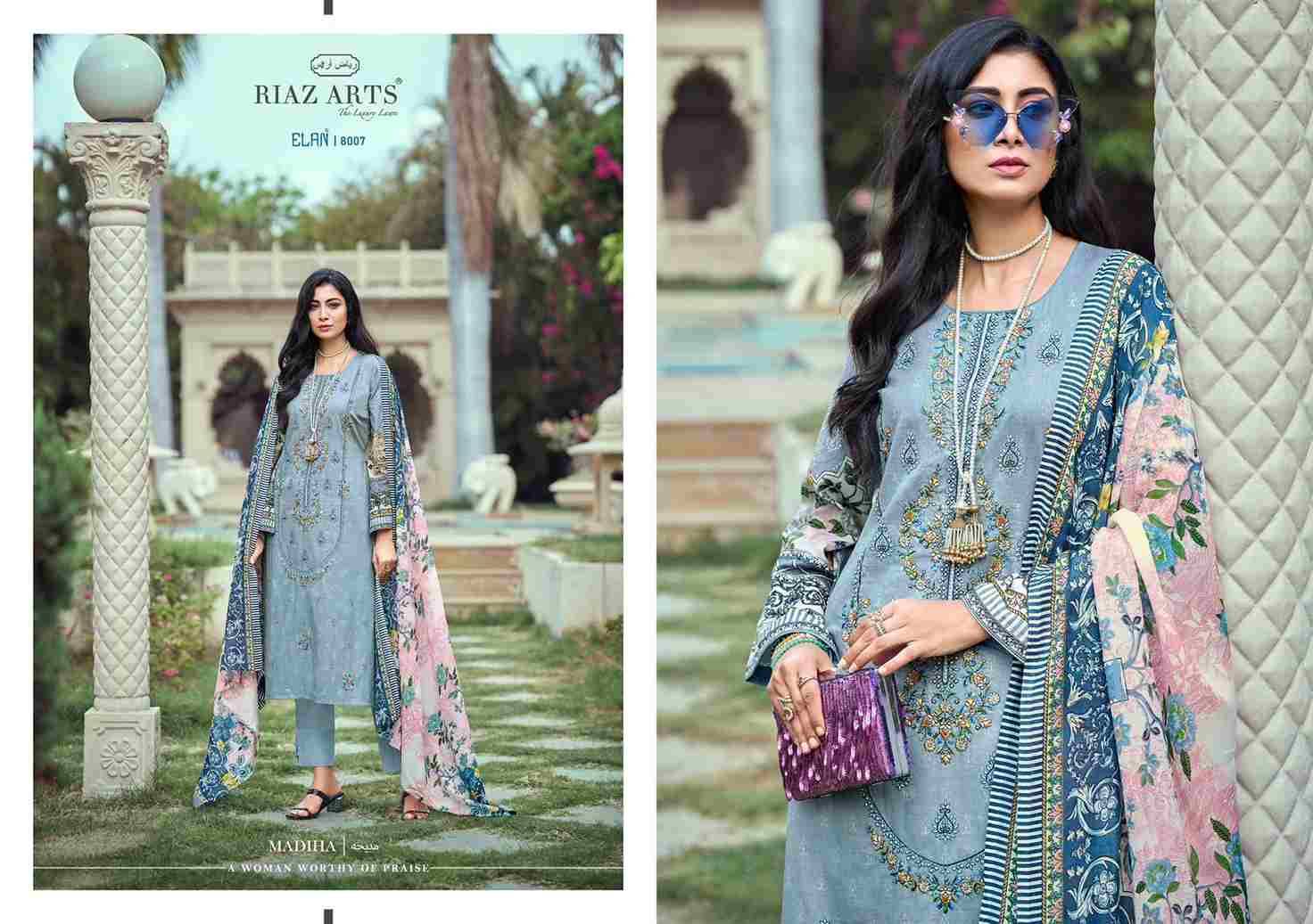 Elan By Riaz Arts 8001 To 8007 Series Wholesale Designer Pakistani Suits Collection Beautiful Stylish Fancy Colorful Party Wear & Occasional Wear Pure Lawn Cambric Print With Embroidered Dresses At Wholesale Price