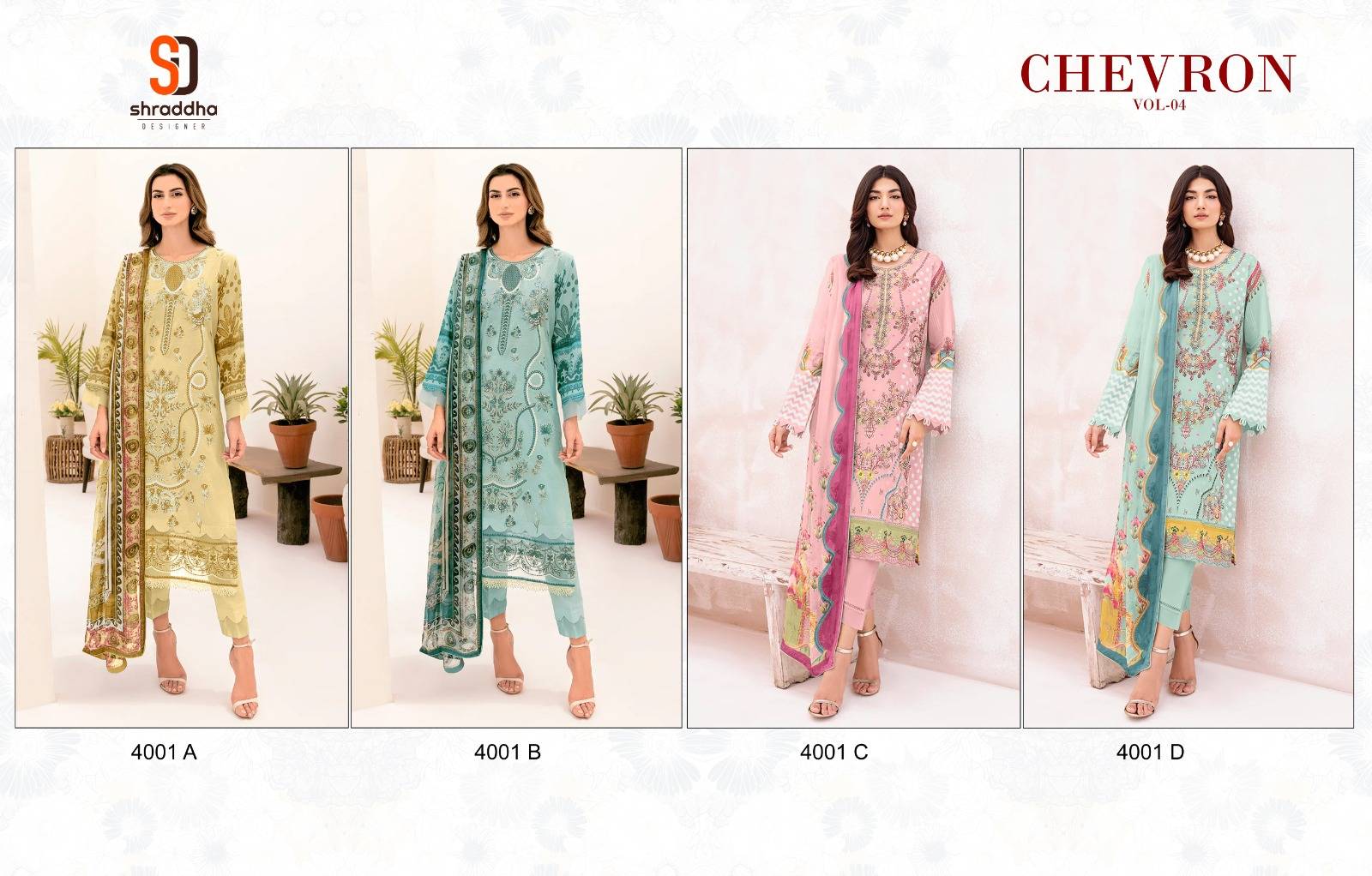 Chevron Vol-4 By Shraddha Designer 4001-A To 4001-D Series Series Beautiful Pakistani Suits Stylish Fancy Colorful Party Wear & Occasional Wear Pure Cotton Print Embroidered Dresses At Wholesale Price