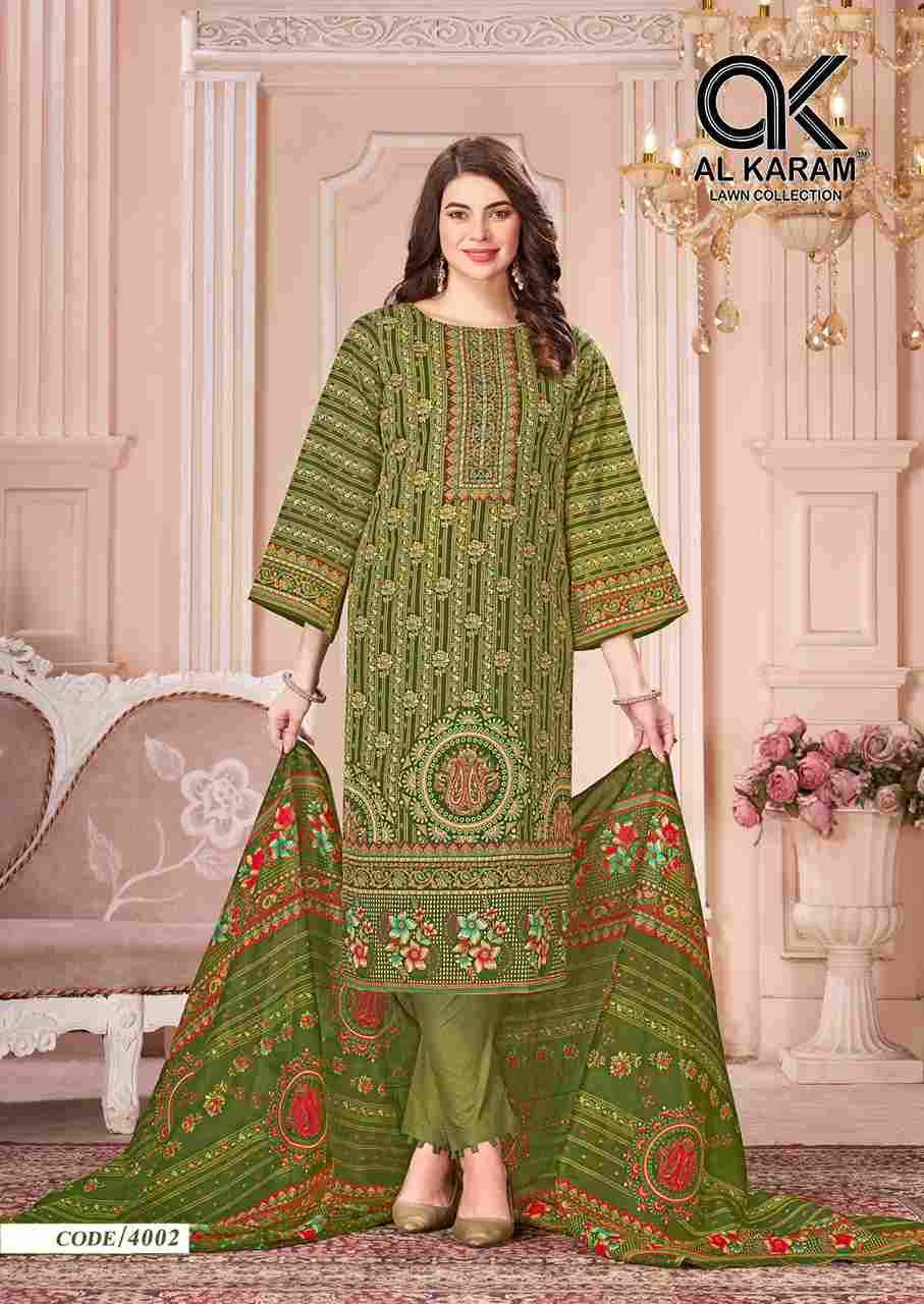 Mahjabeen Vol-4 By Al Karam Lawn Collection 4001 To 4008 Series Beautiful Festive Suits Colorful Stylish Fancy Casual Wear & Ethnic Wear Pure Cotton Print Dresses At Wholesale Price