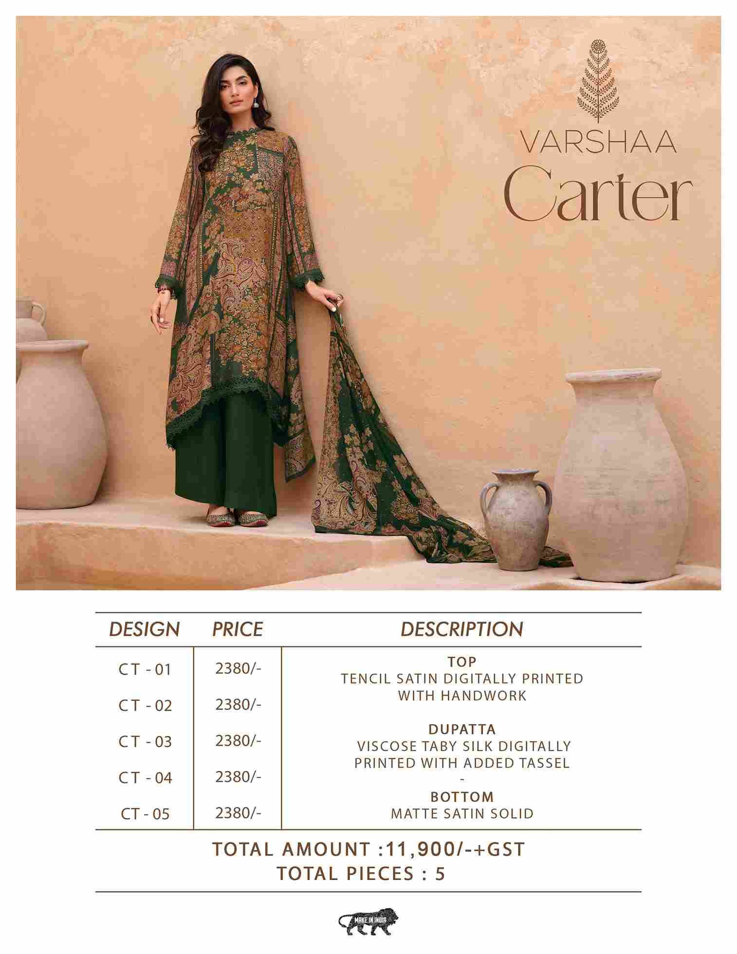 Carter By Varsha 01 To 05 Series Beautiful Festive Suits Colorful Stylish Fancy Casual Wear & Ethnic Wear Satin With Work Dresses At Wholesale Price