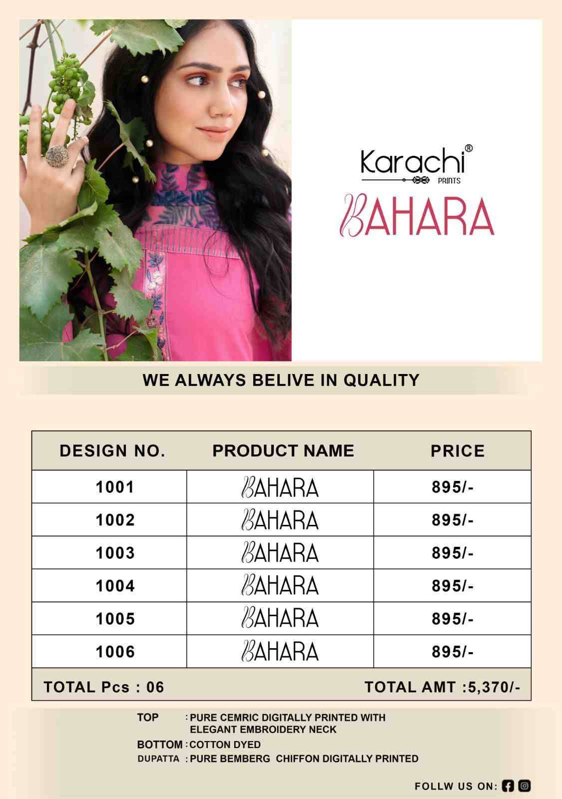 Bahara By Karachi Prints 1001 To 1006 Series Beautiful Festive Suits Colorful Stylish Fancy Casual Wear & Ethnic Wear Pure Jam Satin Print With Work Dresses At Wholesale Price