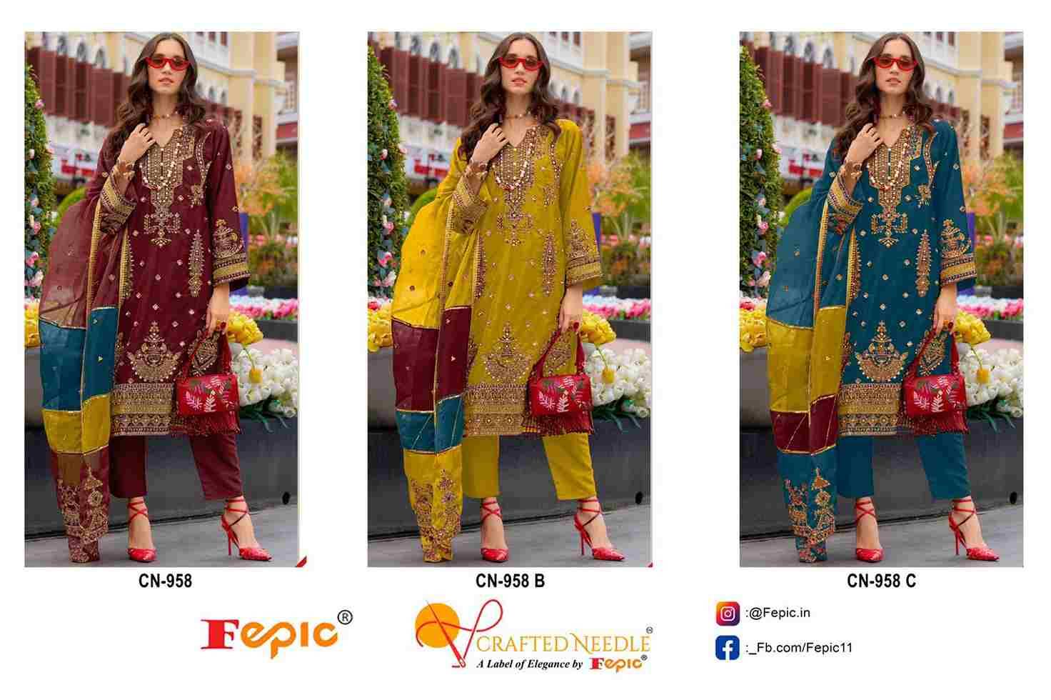 Fepic 958 Colours By Fepic 958-A To 958-C Series Beautiful Pakistani Suits Colorful Stylish Fancy Casual Wear & Ethnic Wear Pure Organza Embroidered Dresses At Wholesale Price