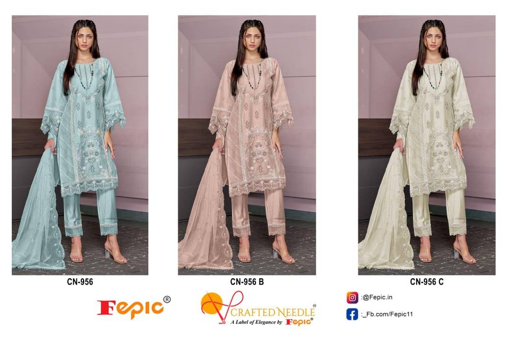 Fepic 956 Colours By Fepic 956-A To 956-C Series Beautiful Pakistani Suits Colorful Stylish Fancy Casual Wear & Ethnic Wear Pure Organza Embroidered Dresses At Wholesale Price