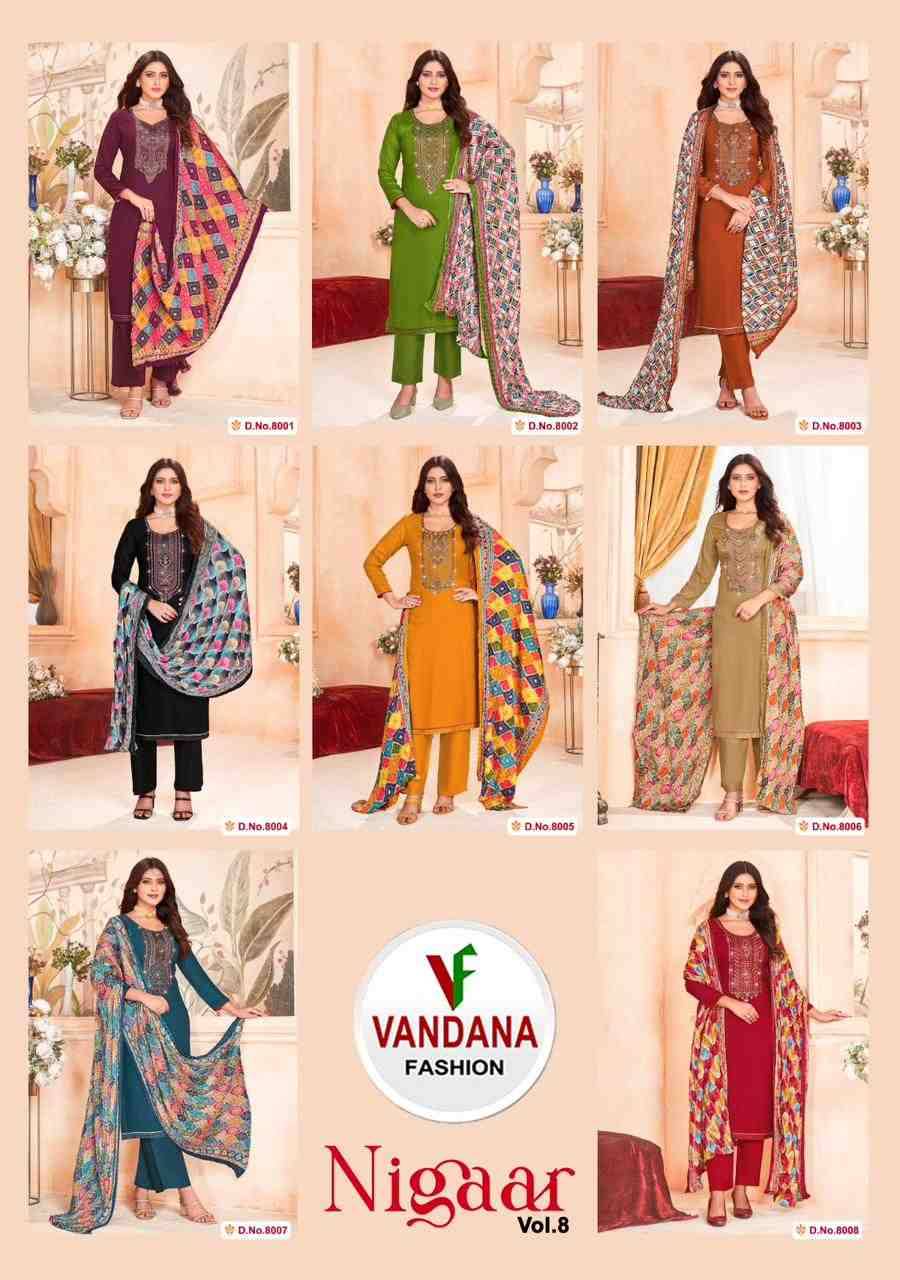 Nigaar Vol-8 By Vandana Fashion 8001 To 8008 Series Beautiful Festive Suits Stylish Fancy Colorful Casual Wear & Ethnic Wear Heavy Rayon Slub Print Dresses At Wholesale Price