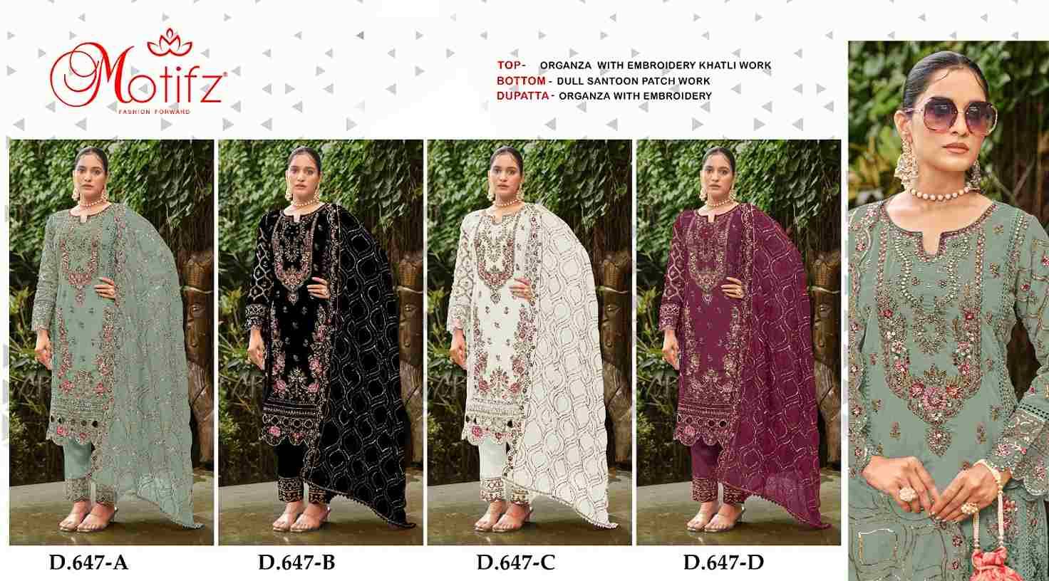 Motifz Hit Design 647 Colours By Motifz 647-A To 647-D Series Beautiful Pakistani Suits Colorful Stylish Fancy Casual Wear & Ethnic Wear Organza Dresses At Wholesale Price