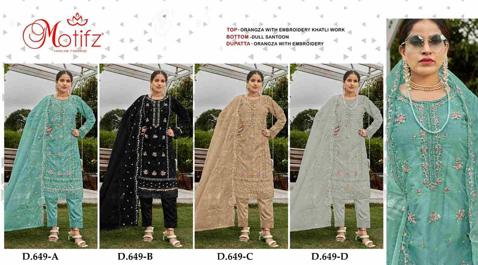 Motifz Hit Design 649 Colours By Motifz 649-A To 649-D Series Beautiful Pakistani Suits Colorful Stylish Fancy Casual Wear & Ethnic Wear Organza Dresses At Wholesale Price