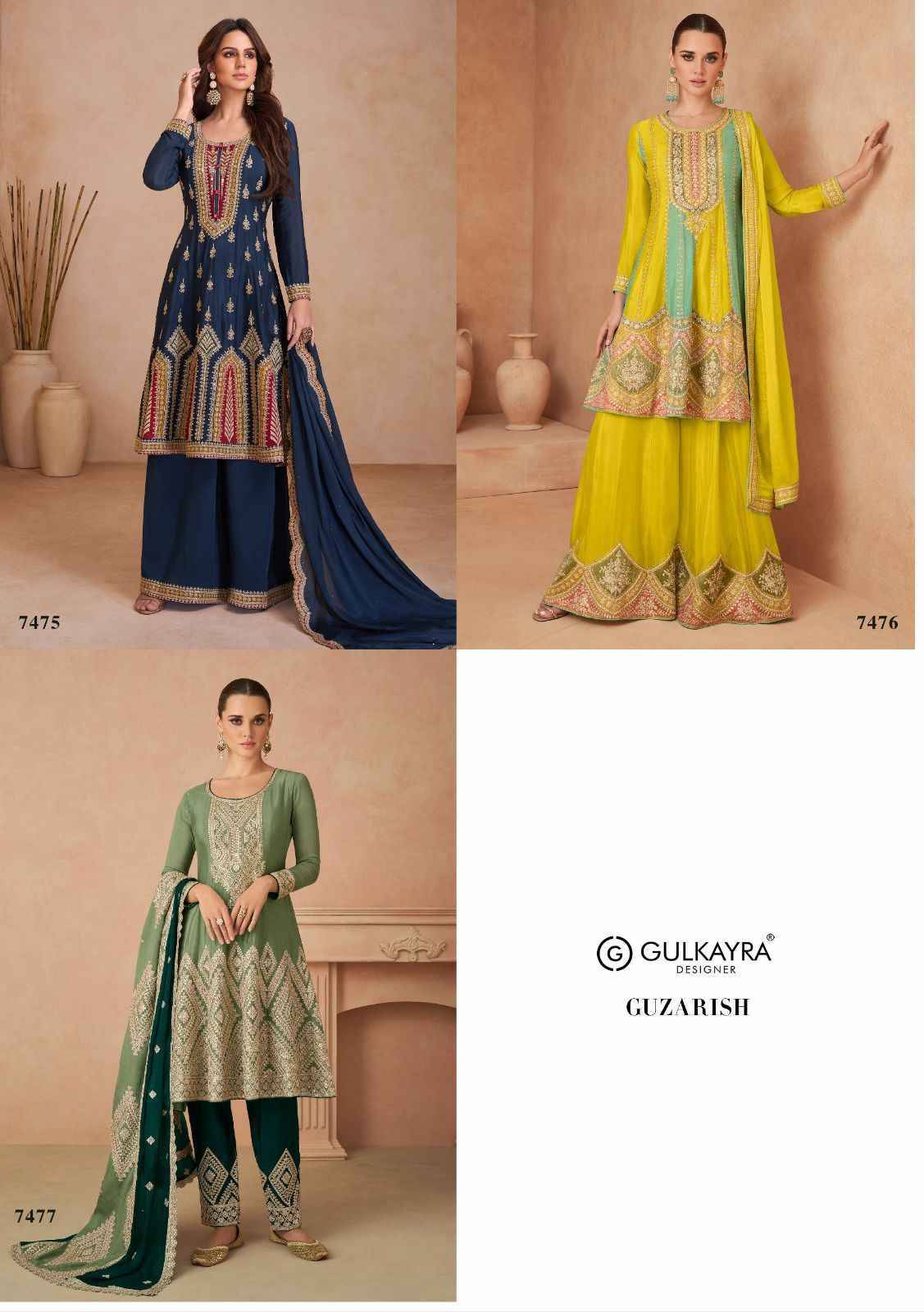 Guzarish By Gulkayra Designer 7475 To 7477 Series Beautiful Stylish Sharara Suits Fancy Colorful Casual Wear & Ethnic Wear & Ready To Wear Pure Chinnon Dresses At Wholesale Price