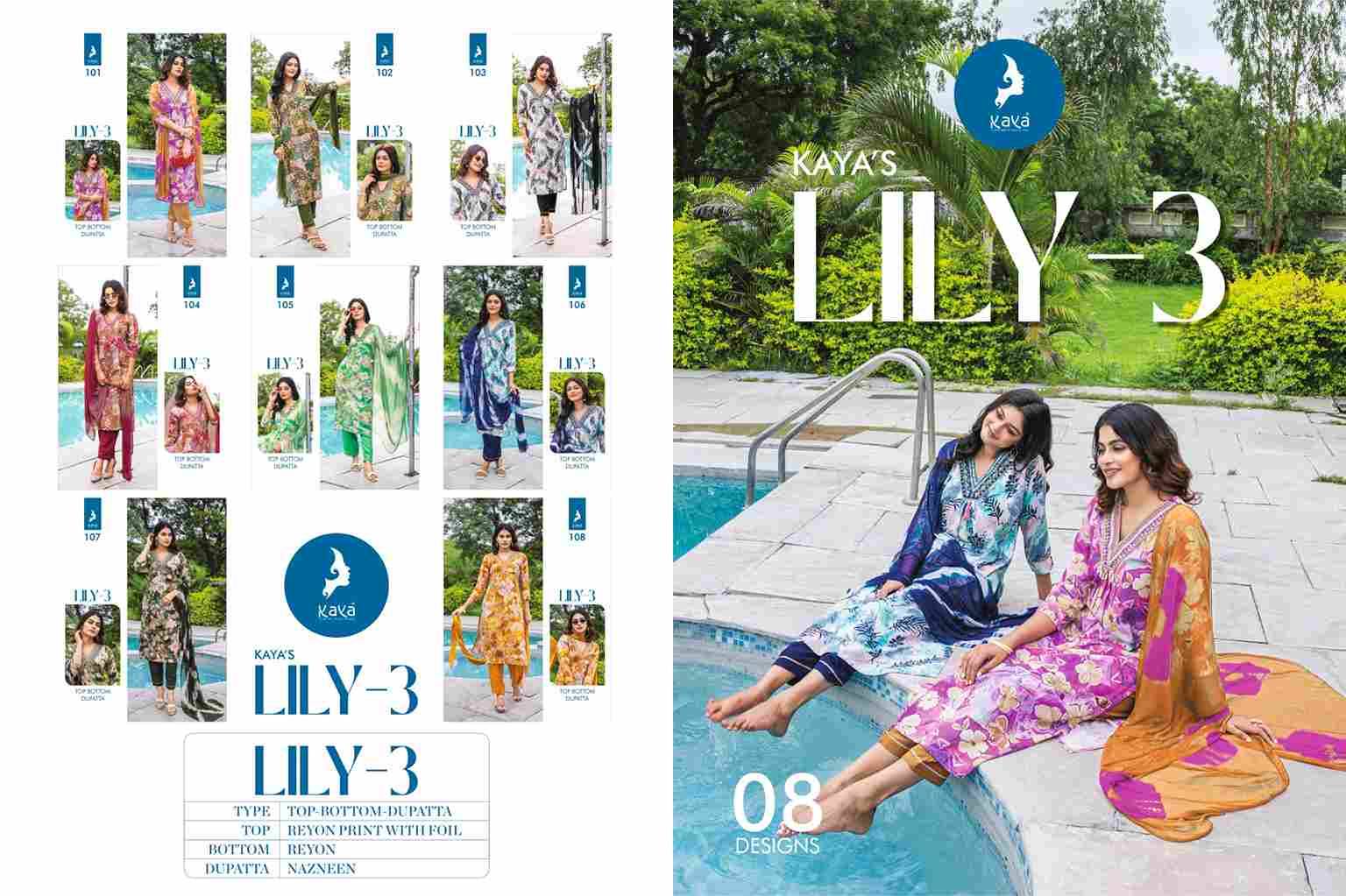 Lily Vol-3 By Kaya 101 To 108 Series Beautiful Stylish Festive Suits Fancy Colorful Casual Wear & Ethnic Wear & Ready To Wear Rayon Foil Dresses At Wholesale Price