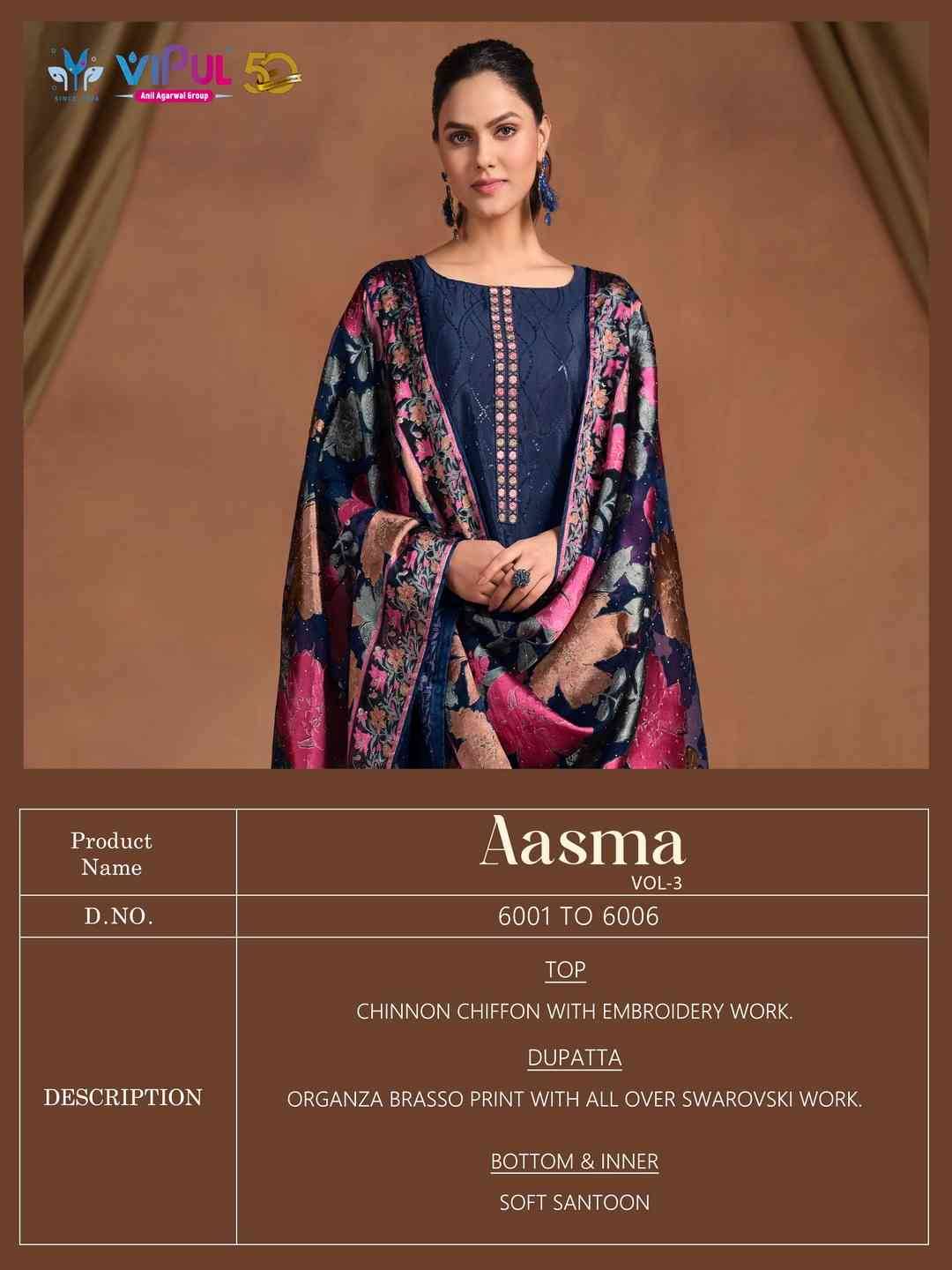 Aasma Vol-3 By Vipul Fashion 6001 To 6006 Series Beautiful Festive Suits Colorful Stylish Fancy Casual Wear & Ethnic Wear Chinnon Chiffon Dresses At Wholesale Price