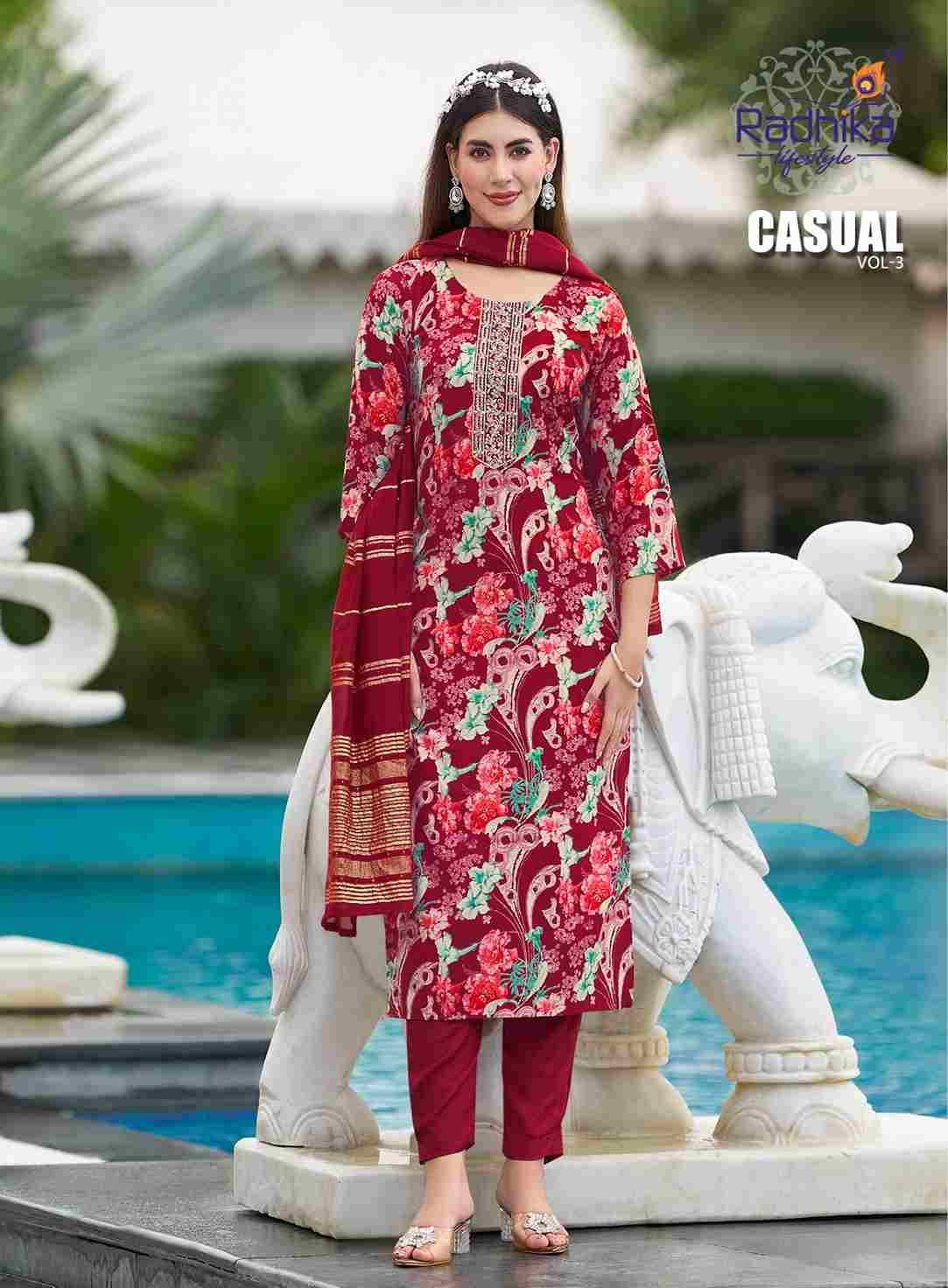 Casual Vol-3 By Radhika Lifestyle 3001 To 3008 Series Designer Stylish Fancy Colorful Beautiful Party Wear & Ethnic Wear Collection Rayon Print Dresses At Wholesale Price