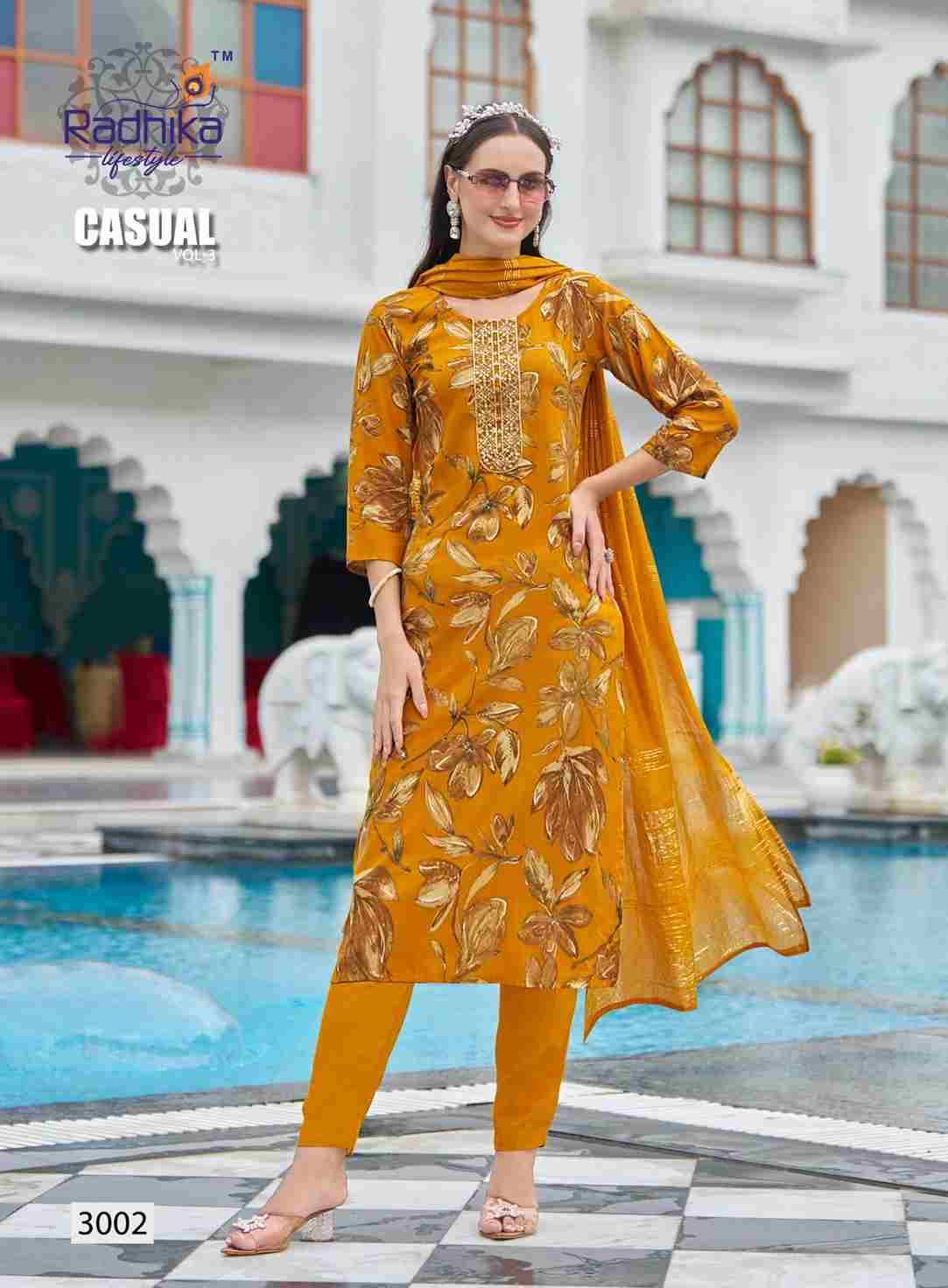 Casual Vol-3 By Radhika Lifestyle 3001 To 3008 Series Designer Stylish Fancy Colorful Beautiful Party Wear & Ethnic Wear Collection Rayon Print Dresses At Wholesale Price