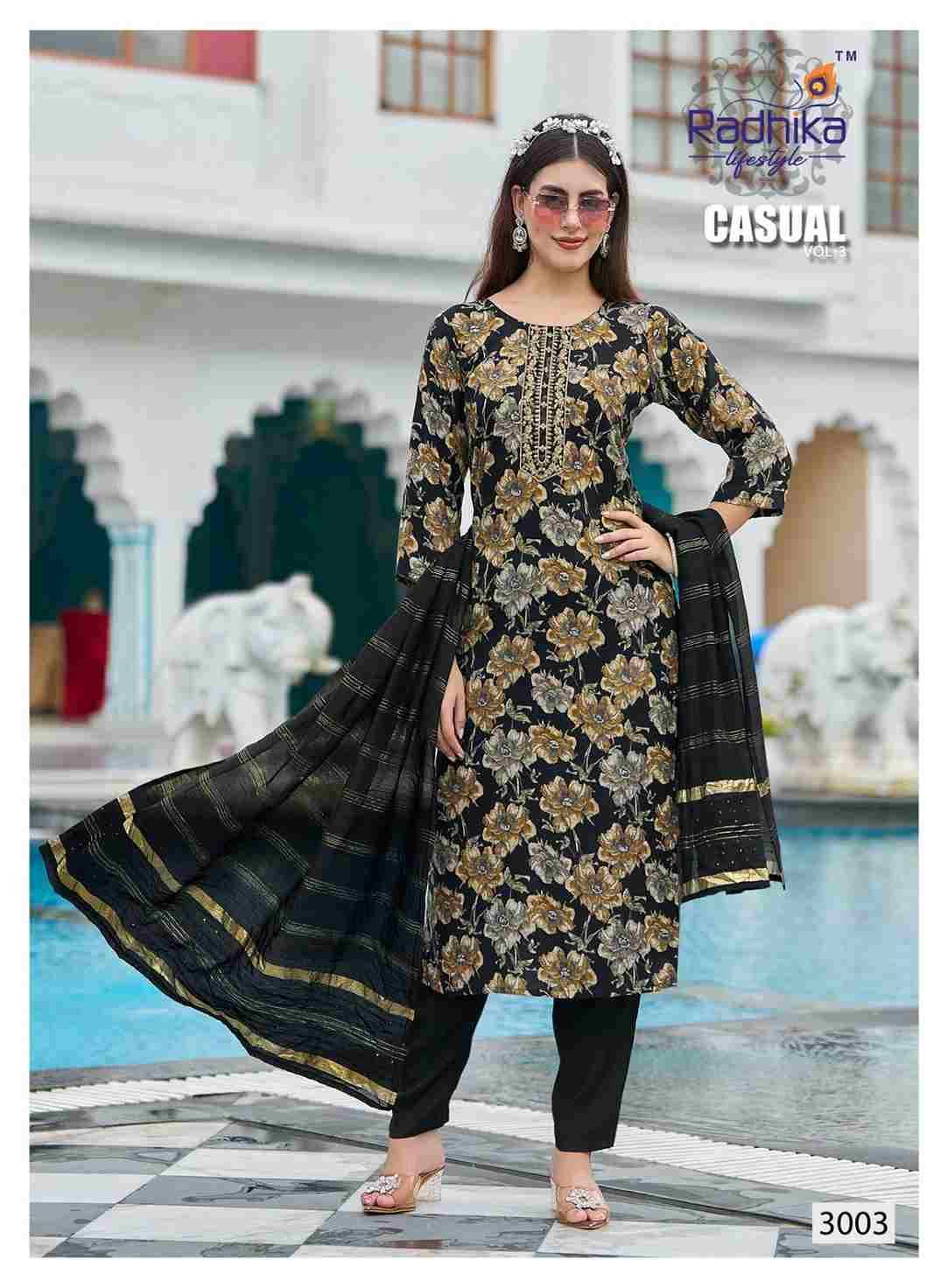 Casual Vol-3 By Radhika Lifestyle 3001 To 3008 Series Designer Stylish Fancy Colorful Beautiful Party Wear & Ethnic Wear Collection Rayon Print Dresses At Wholesale Price