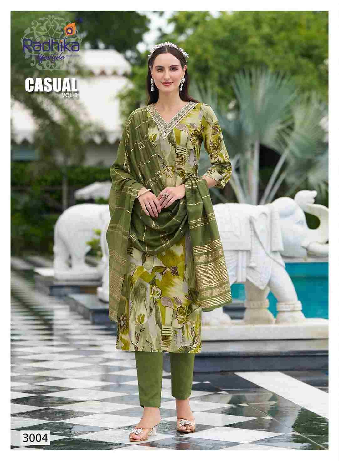 Casual Vol-3 By Radhika Lifestyle 3001 To 3008 Series Designer Stylish Fancy Colorful Beautiful Party Wear & Ethnic Wear Collection Rayon Print Dresses At Wholesale Price