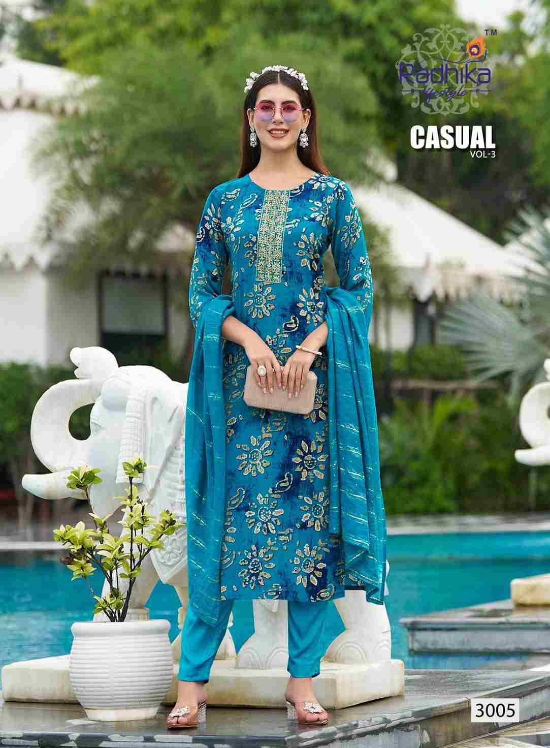 Casual Vol-3 By Radhika Lifestyle 3001 To 3008 Series Designer Stylish Fancy Colorful Beautiful Party Wear & Ethnic Wear Collection Rayon Print Dresses At Wholesale Price