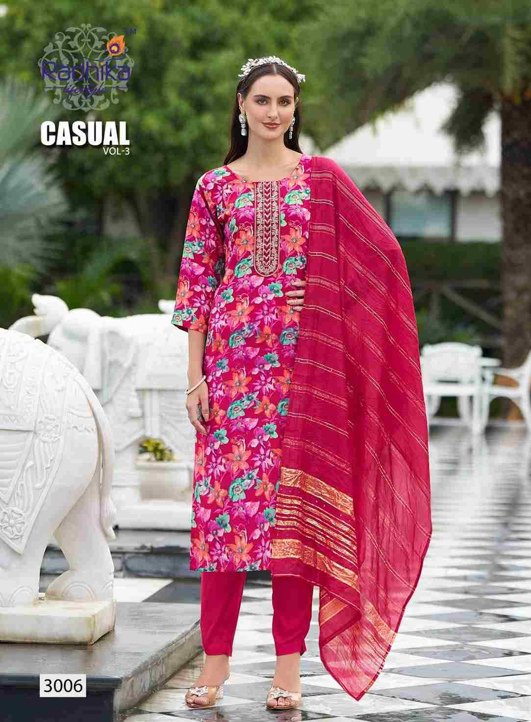 Casual Vol-3 By Radhika Lifestyle 3001 To 3008 Series Designer Stylish Fancy Colorful Beautiful Party Wear & Ethnic Wear Collection Rayon Print Dresses At Wholesale Price