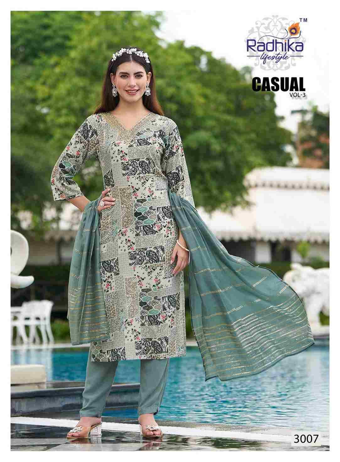 Casual Vol-3 By Radhika Lifestyle 3001 To 3008 Series Designer Stylish Fancy Colorful Beautiful Party Wear & Ethnic Wear Collection Rayon Print Dresses At Wholesale Price