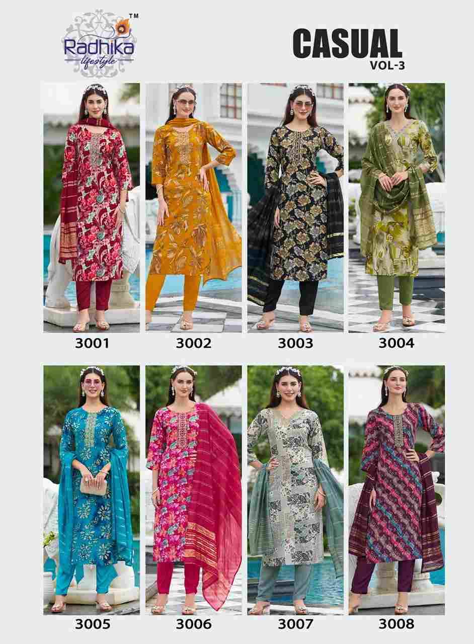 Casual Vol-3 By Radhika Lifestyle 3001 To 3008 Series Designer Stylish Fancy Colorful Beautiful Party Wear & Ethnic Wear Collection Rayon Print Dresses At Wholesale Price