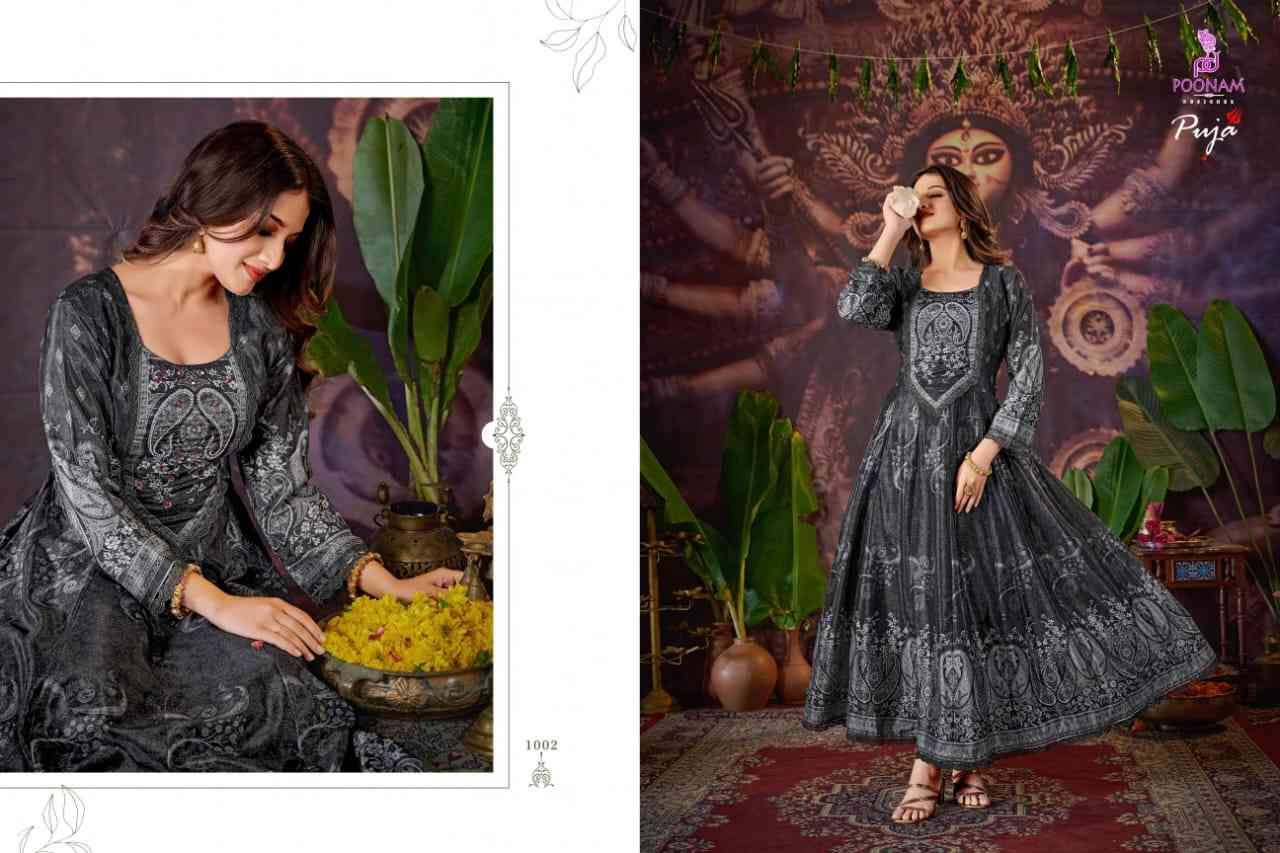 Puja By Poonam Designer 1001 To 1006 Series Beautiful Stylish Fancy Colorful Casual Wear & Ethnic Wear Natural Crepe Gowns At Wholesale Price